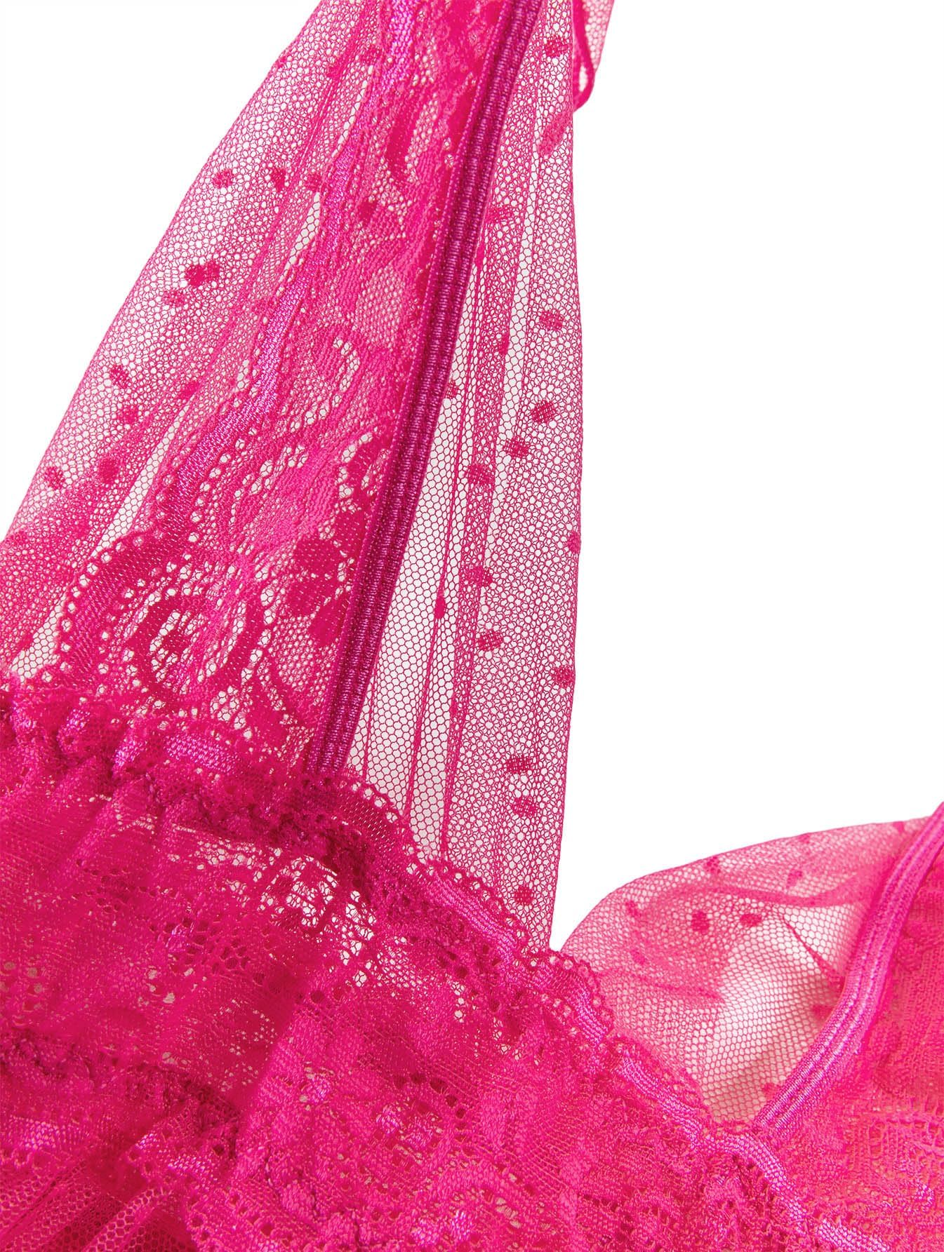 Lilosy Sexy Polka Dots Mesh Sheer Lace Babydoll Chemise Lingerie Set Floral Lace Sleep Wear: Large Neon Hot Pink