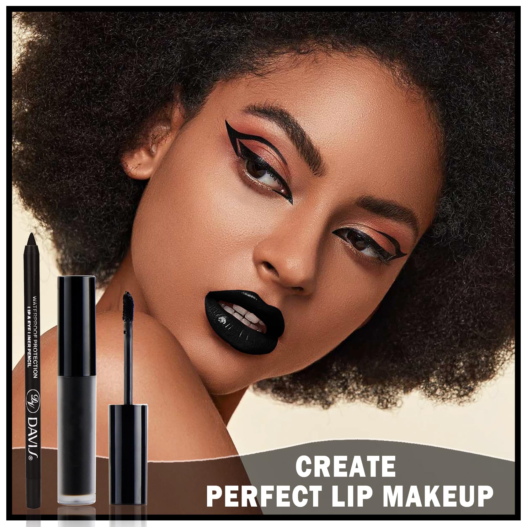 QIUFSSE 3 in 1 Black Lip Liner Pencil and Lipstick lipgloss Set Matte Black Lipstick Lip Gloss Kit Long-lasting Nonstick Cup Smudge Proof Lip Kits with Lip Liner,Velvet Goth Makeup (): Black