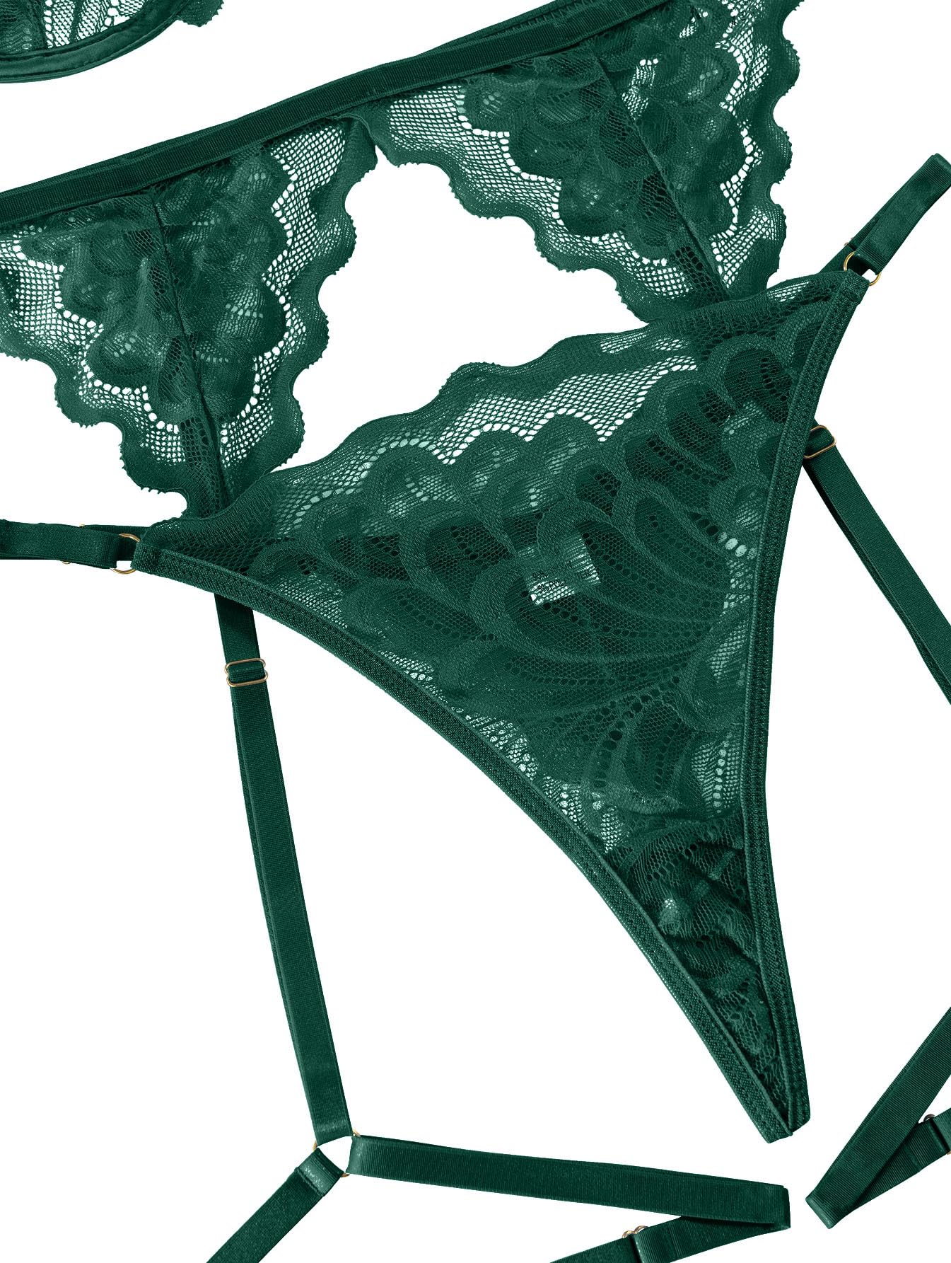 Lilosy Sexy Choker Floral Lace Underwire Push Up Garter Belt Lingerie Set for Women Sheer Bra and Panty 3 Piece: Small Army Green