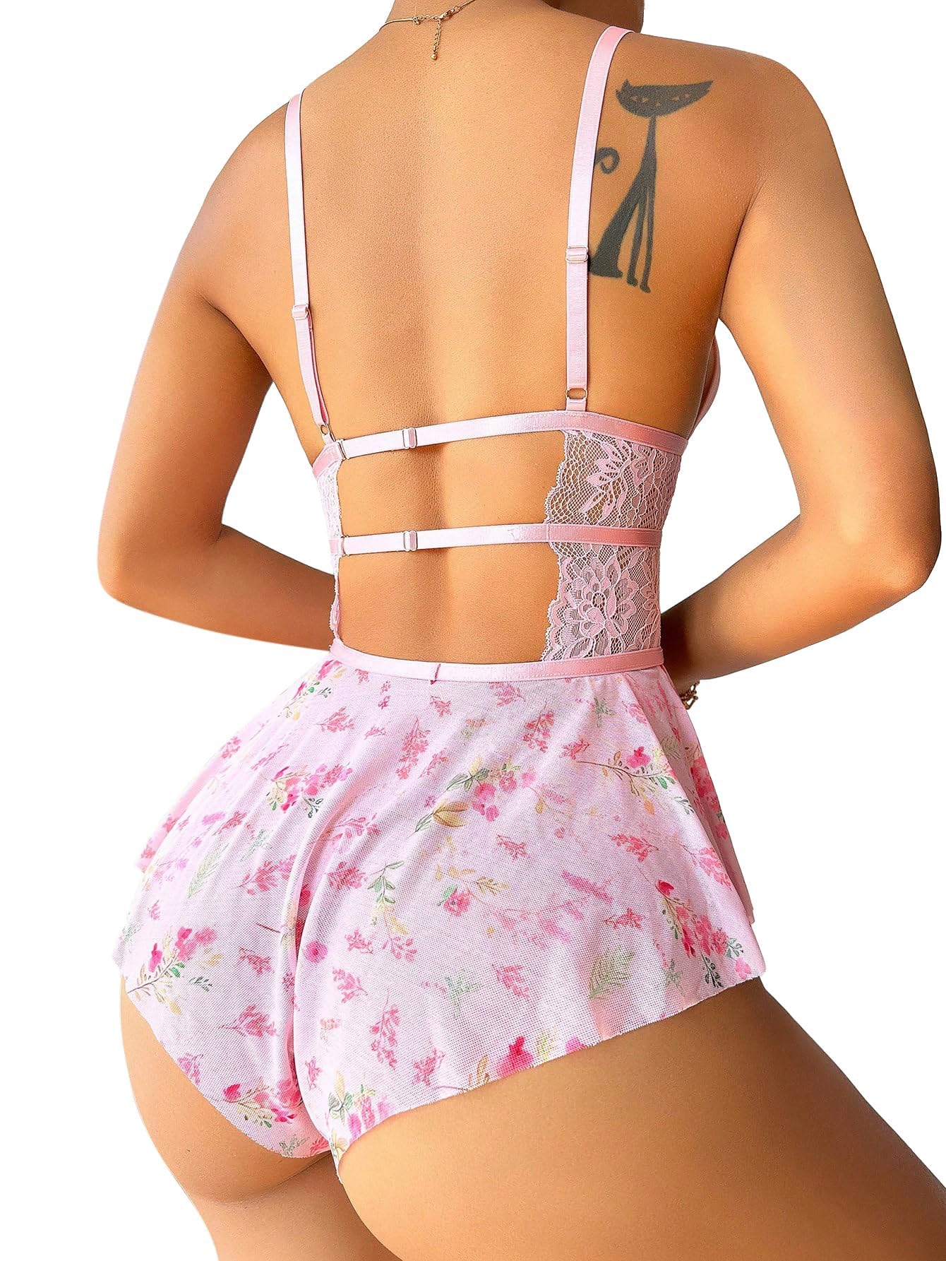Lilosy Sexy Bows Floral Lace Mesh Babydoll Lingerie Romper: 3X-Large Pink 2#