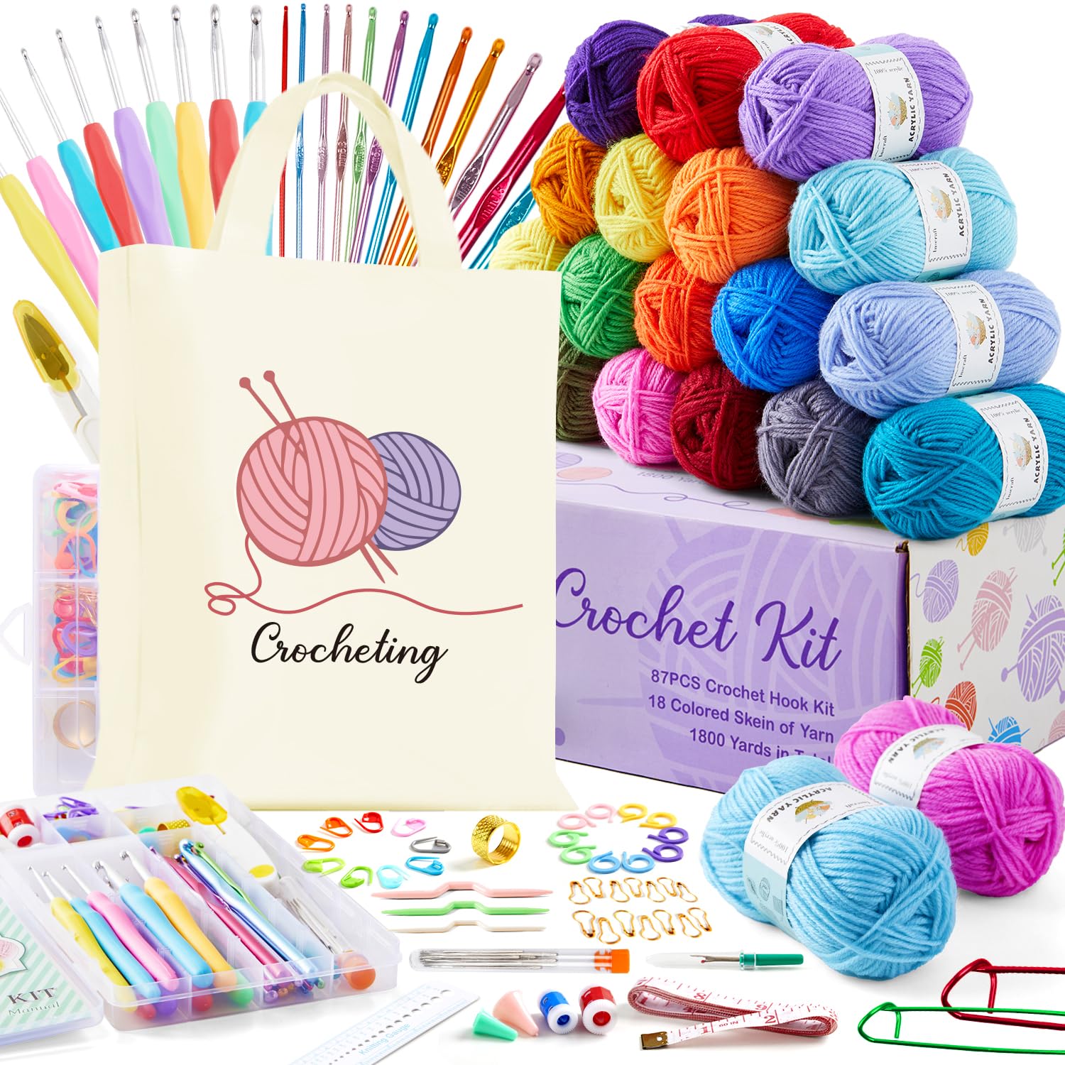 INSCRAFT  with Yarn Set– 1600 Yards Assorted Yarn for Knitting and Crochet, 73PCS Crochet Accessories Set Including Ergonomic Hooks, Knitting Needles & More Ideal Beginner Kit