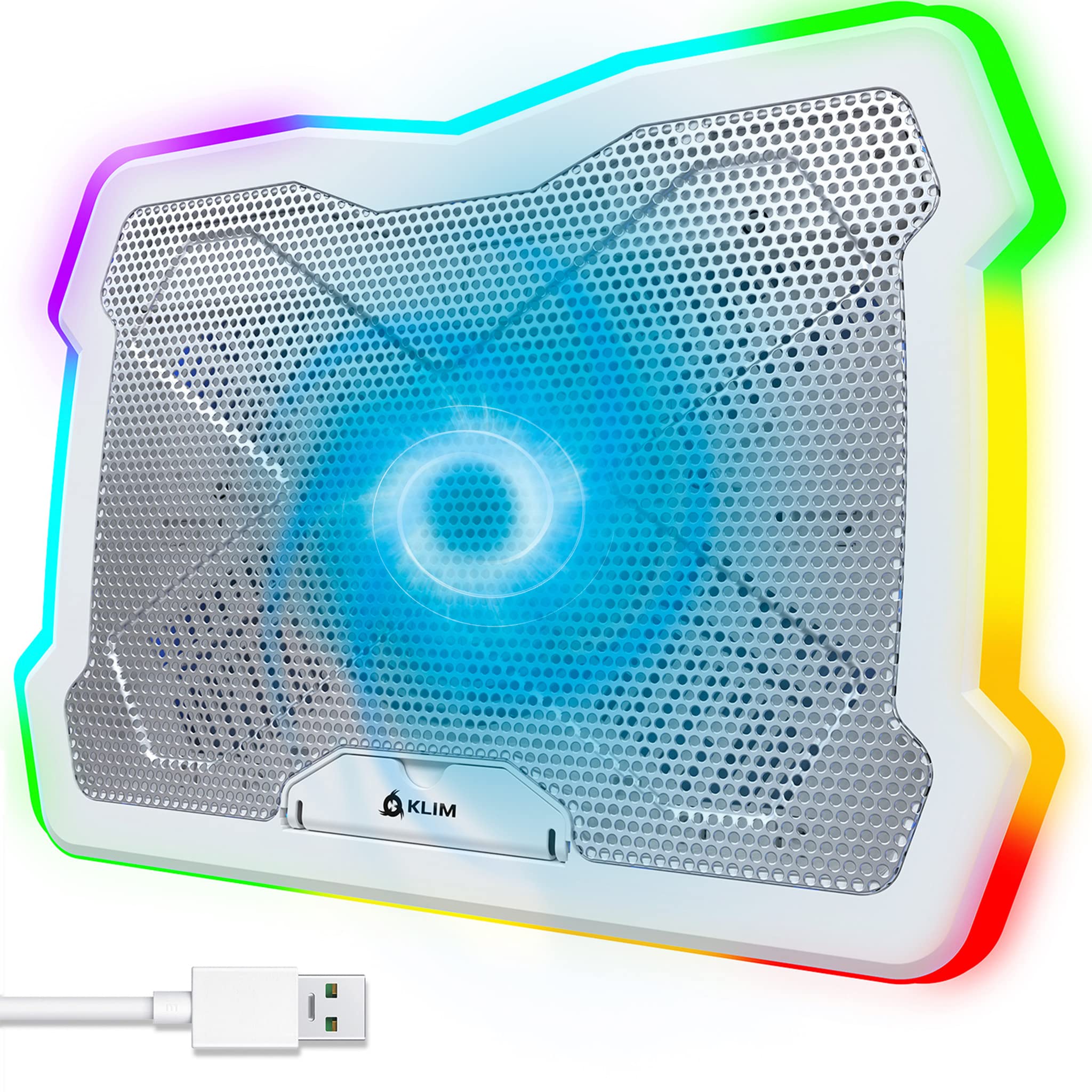 KLIM Ultimate + RGB Laptop Cooling Pad with LED Rim + New + Gaming Laptop Cooler + USB Powered Fan + Very Stable and Silent Laptop Stand + Compatible up to 17" + PC Mac PS5 PS4 Xbox One -: White