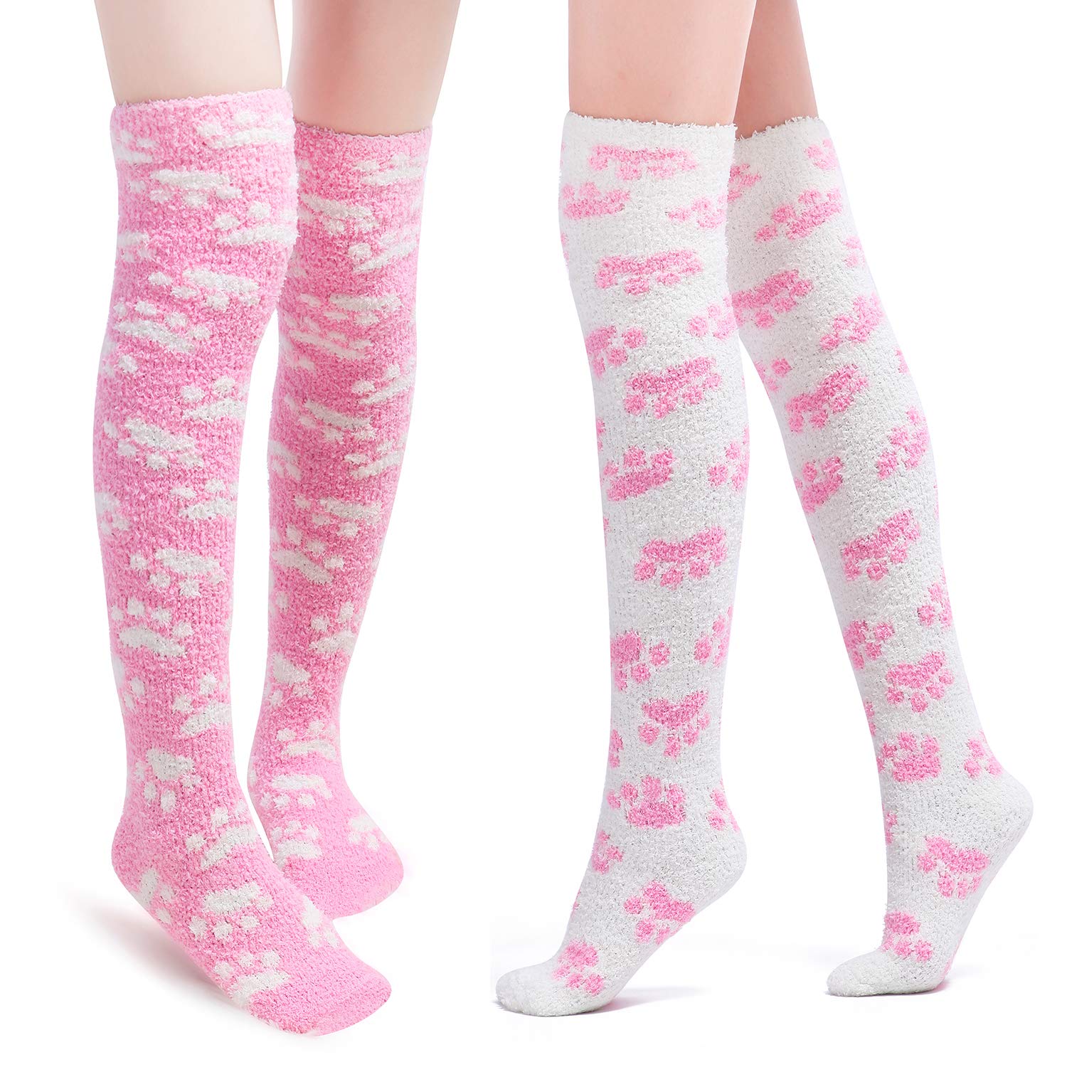 Littleforbig Cute Coral Fleece Thigh High Long Paws Pattern Socks 2 Pairs: Pink