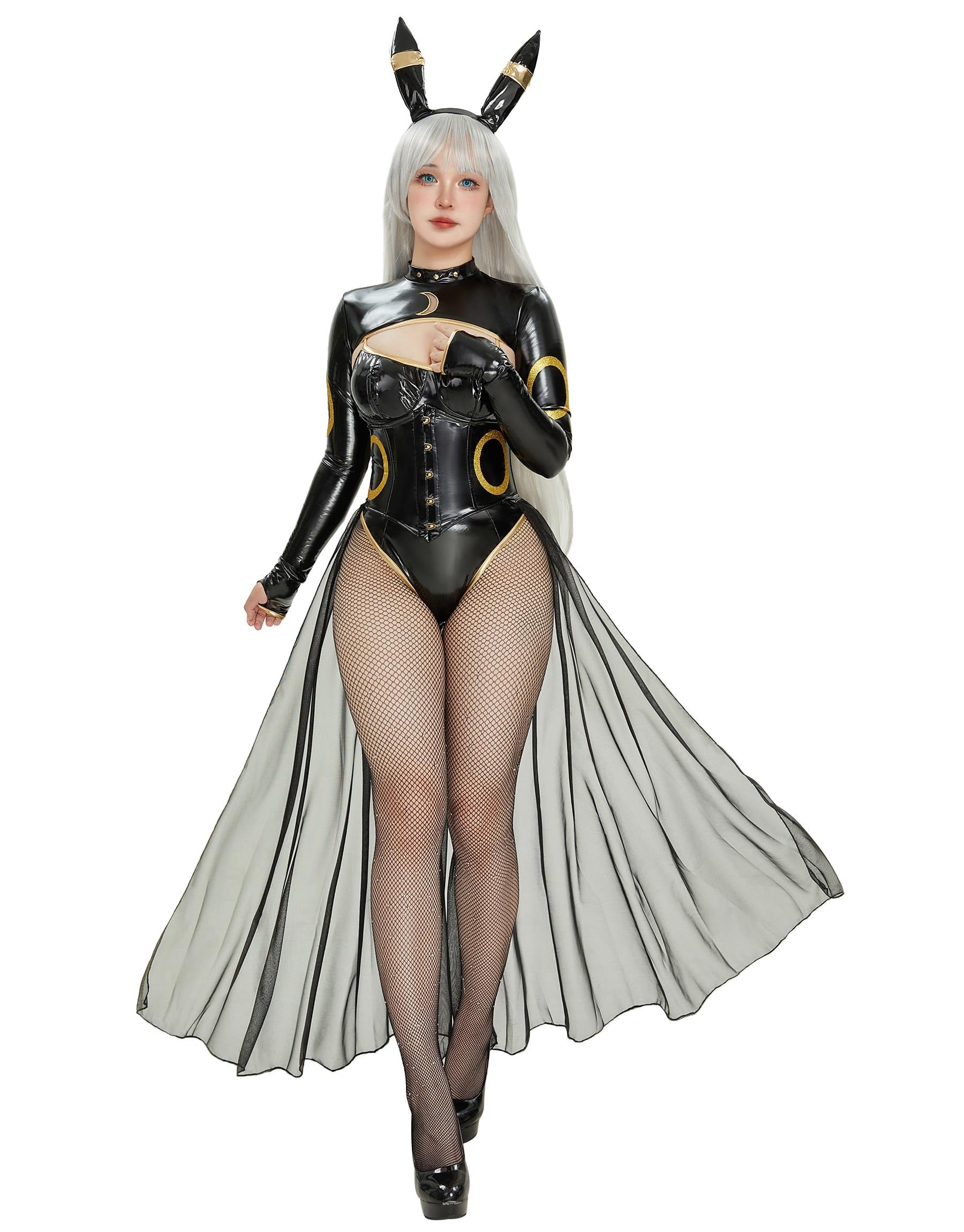 Anime Cosplay Costume for Women Black Bodysuit PU Leather Bodycon and Top with Chiffon Skirt Headband Tail: Small