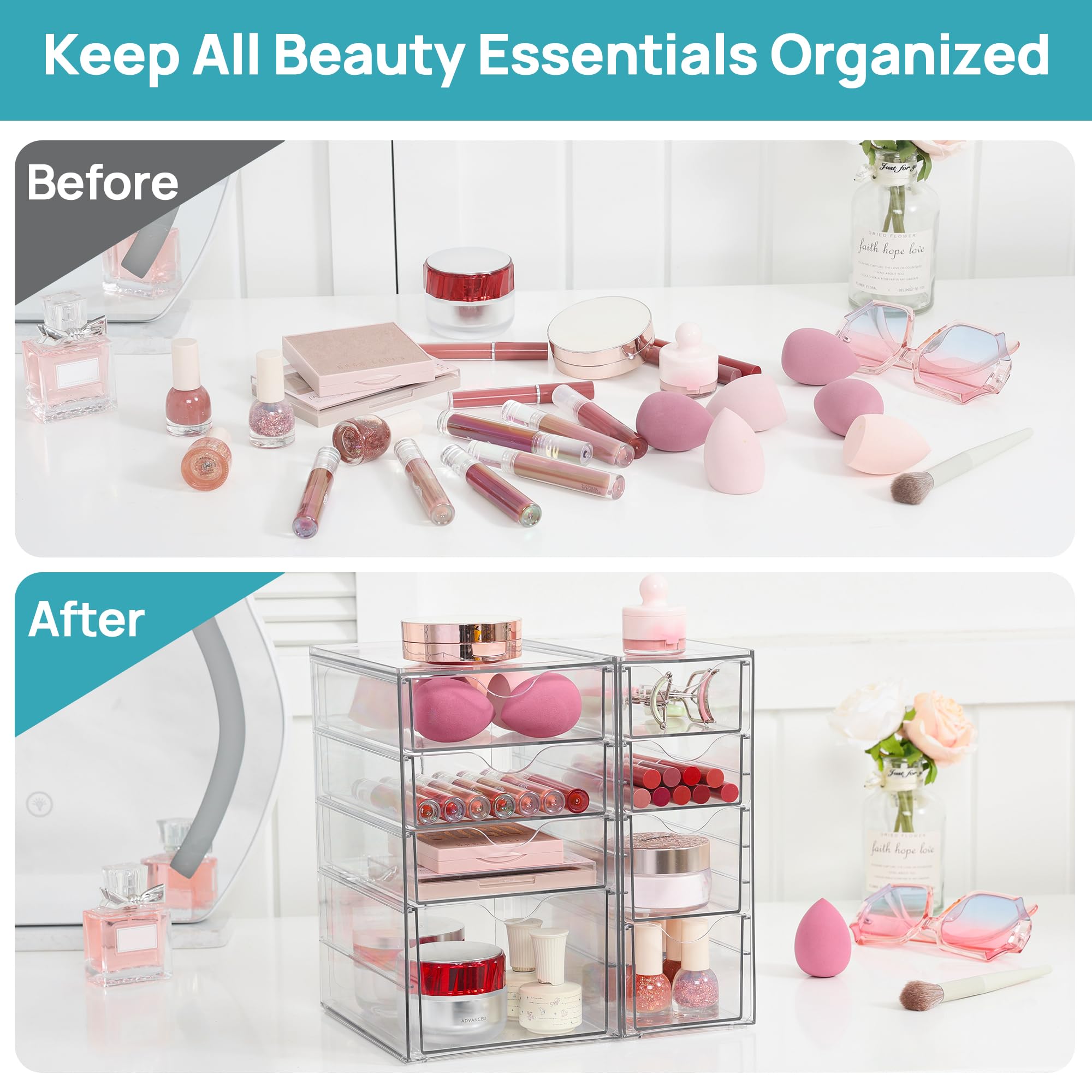 Vtopmart Acrylic Organizer with 16 Drawers (4 Set),Clear Storage Drawers for Office Supplies,Desk Organization and Storage for Makeup,Jewelry,Art Crafts