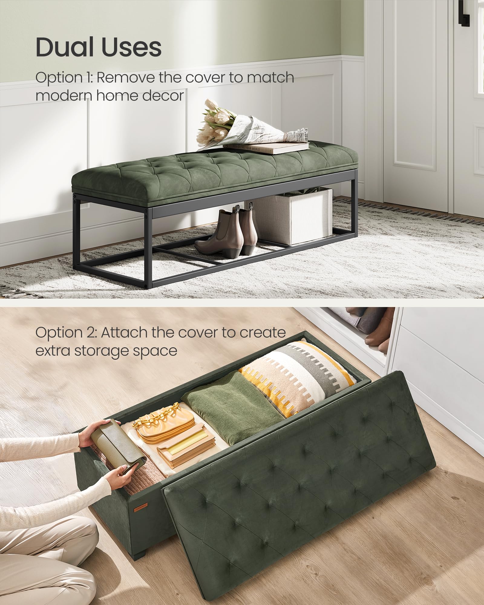 SONGMICS Velvet Storage Ottoman Bench, Foot Rest with Legs, 15.7 x 43 x 15.7 Inches, End of Bed Bench, Storage Chest, Load up to 660 lb, for Living Room, Bedroom, Entryway,  ULSF089C01: Forest Green
