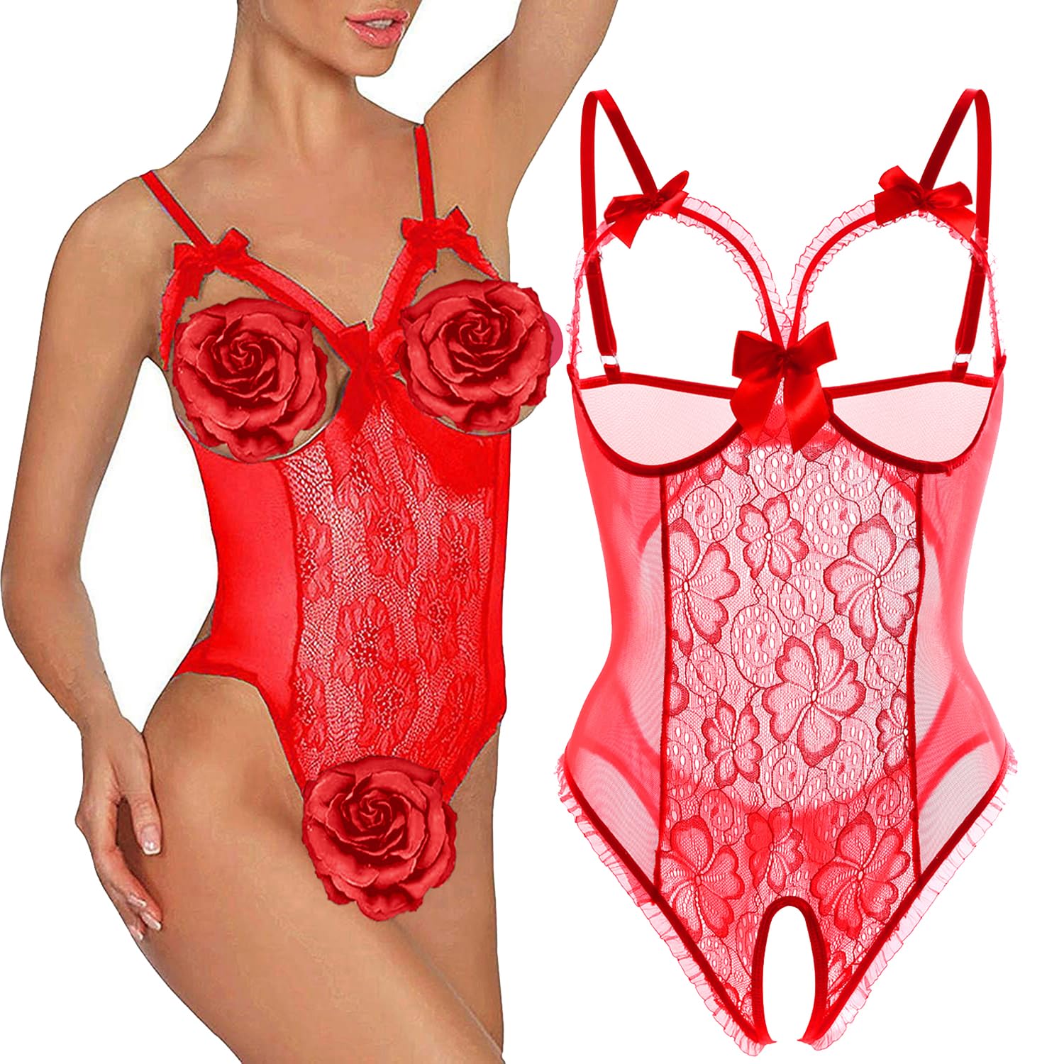AIBINGGE Lingerie for Women Sexy Teddy One-Piece Lace Babydoll Bodysuit Nightie Plus Size: Medium Red