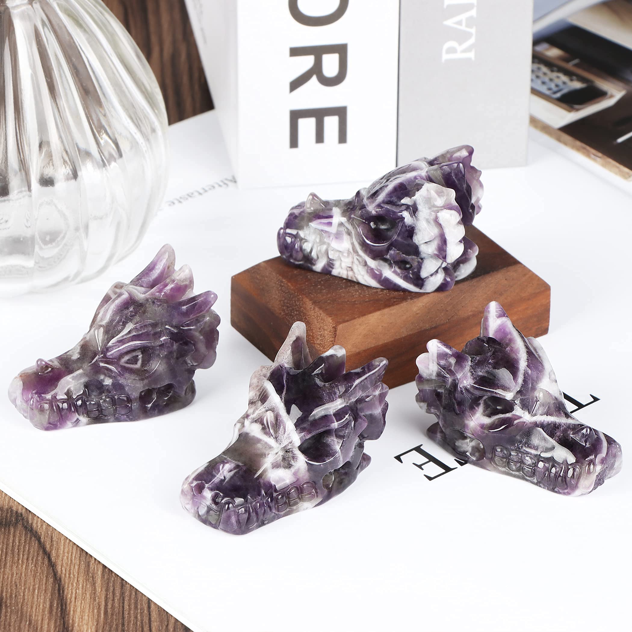 SMQ Amethyst Crystals Dragon Head Skull Statue Hand Carved Gem Purple Dragon Figurine Animal Carvings Collectible Healing Stones for Home Office Desk Decor(2 Inch)