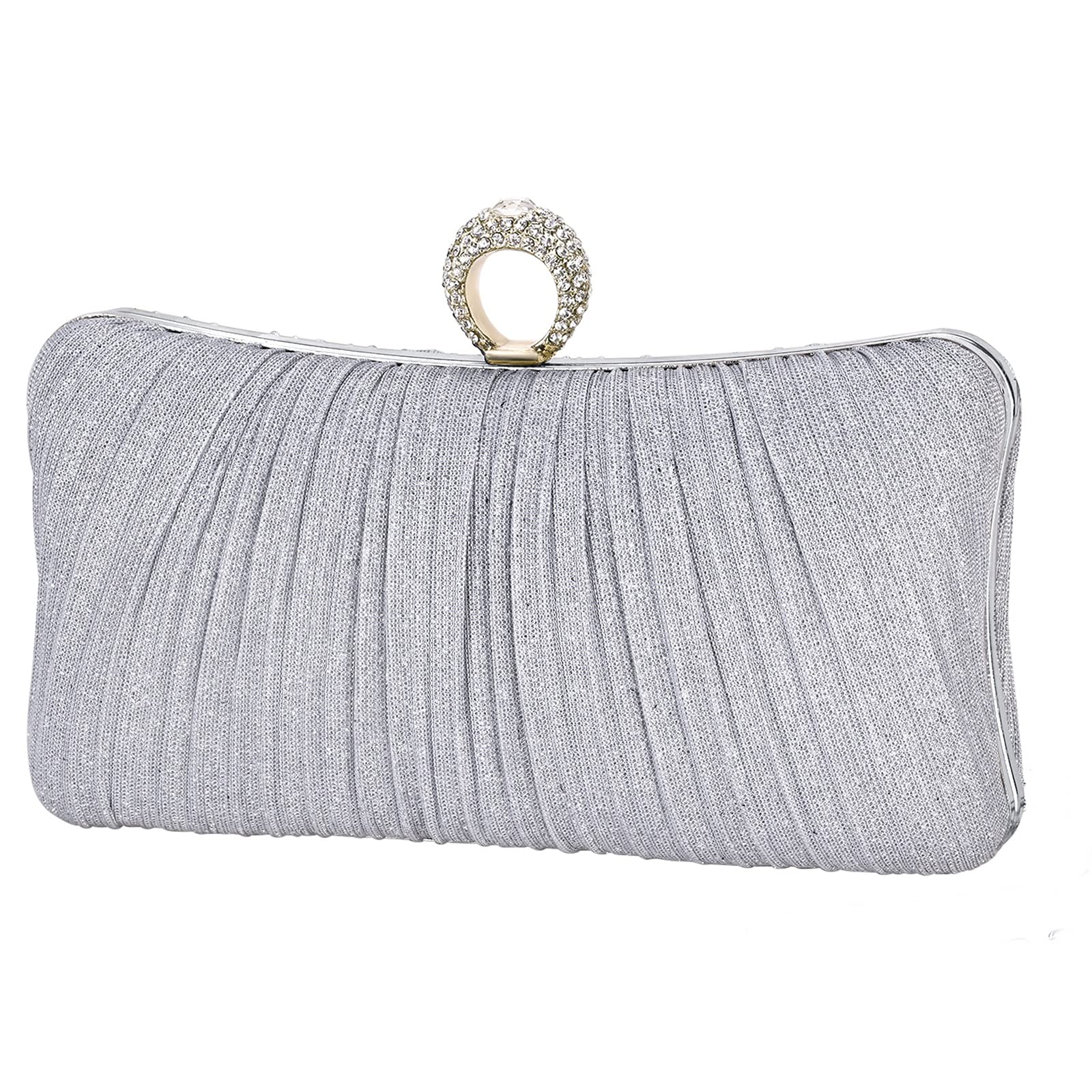 Womens en Glitter Clutch Purse Pleated Evening Bag for Bridal Wedding Party with Rhinestone Ring