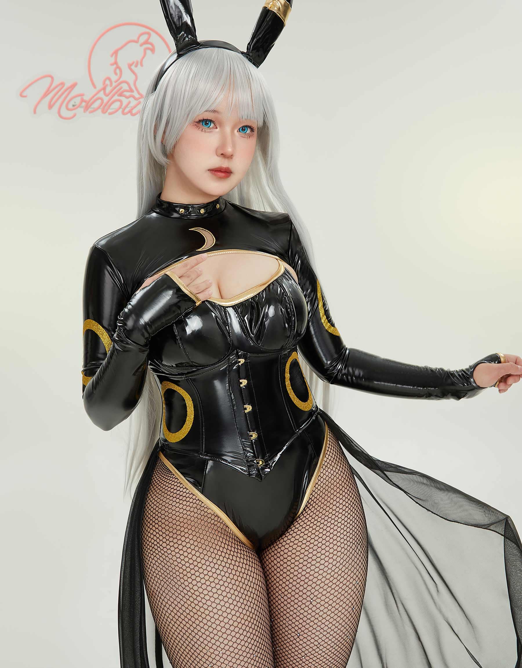 Mobbunny Anime Cosplay Costume for Women Black Bodysuit PU Leather Bodycon and Top with Chiffon Skirt Headband Tail: Small