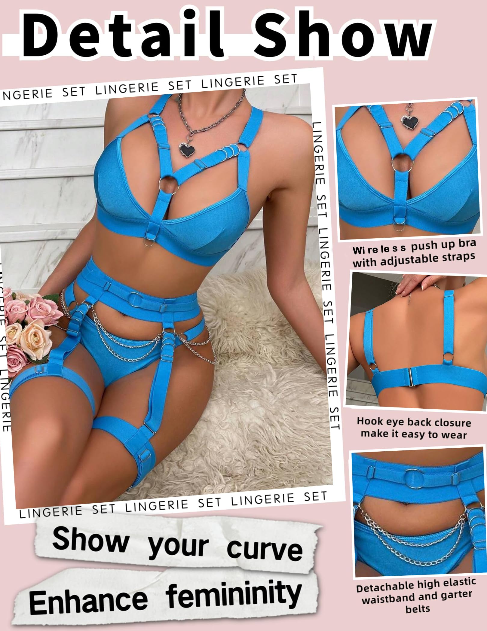 Alrovetoney Sexy Lingerie Set For Women With Garter Belt 5 Pieces Strappy Bra and Panty Set Adjustable With Chain: Small Sky Blue