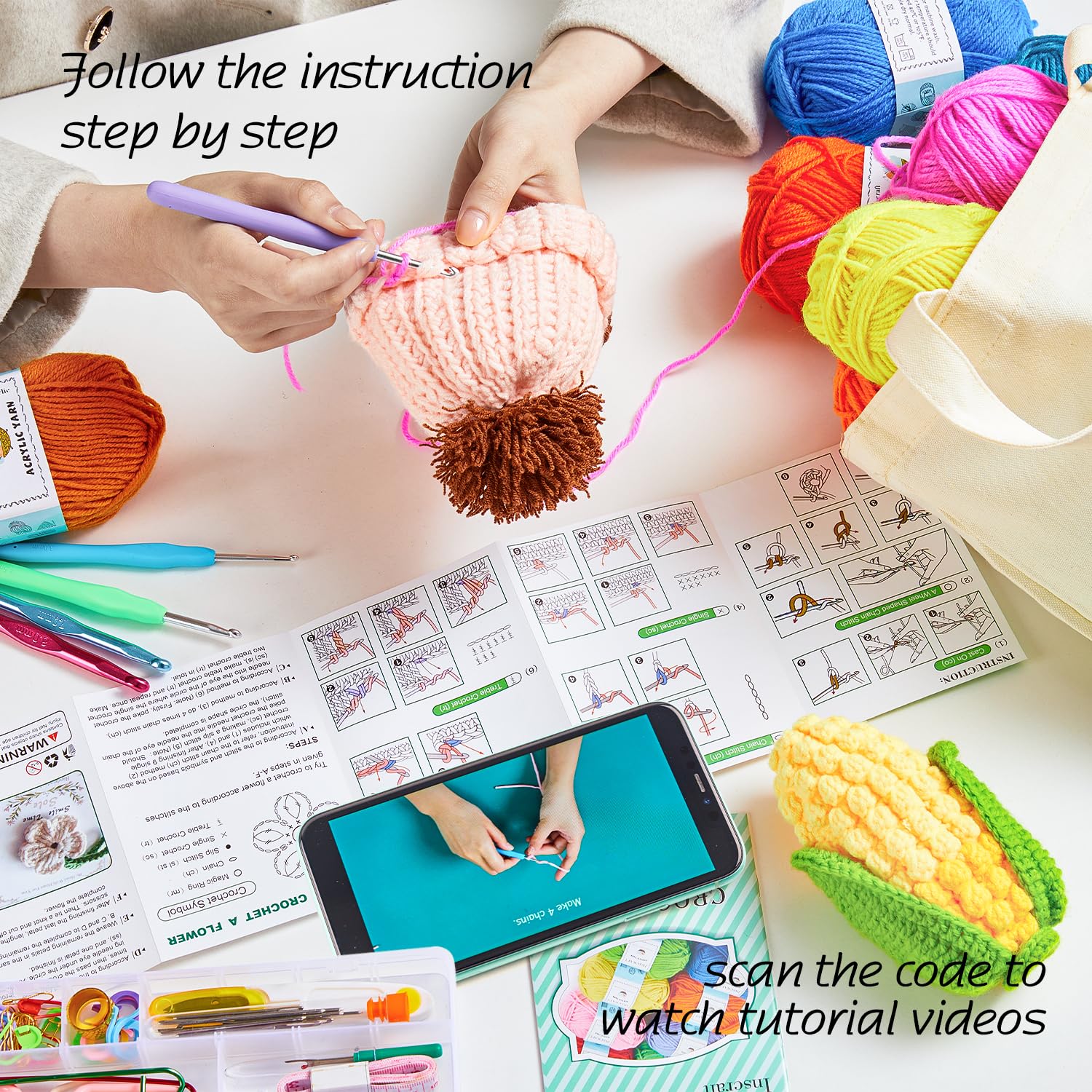 INSCRAFT  with Yarn Set– 1600 Yards Assorted Yarn for Knitting and Crochet, 73PCS Crochet Accessories Set Including Ergonomic Hooks, Knitting Needles & More Ideal Beginner Kit