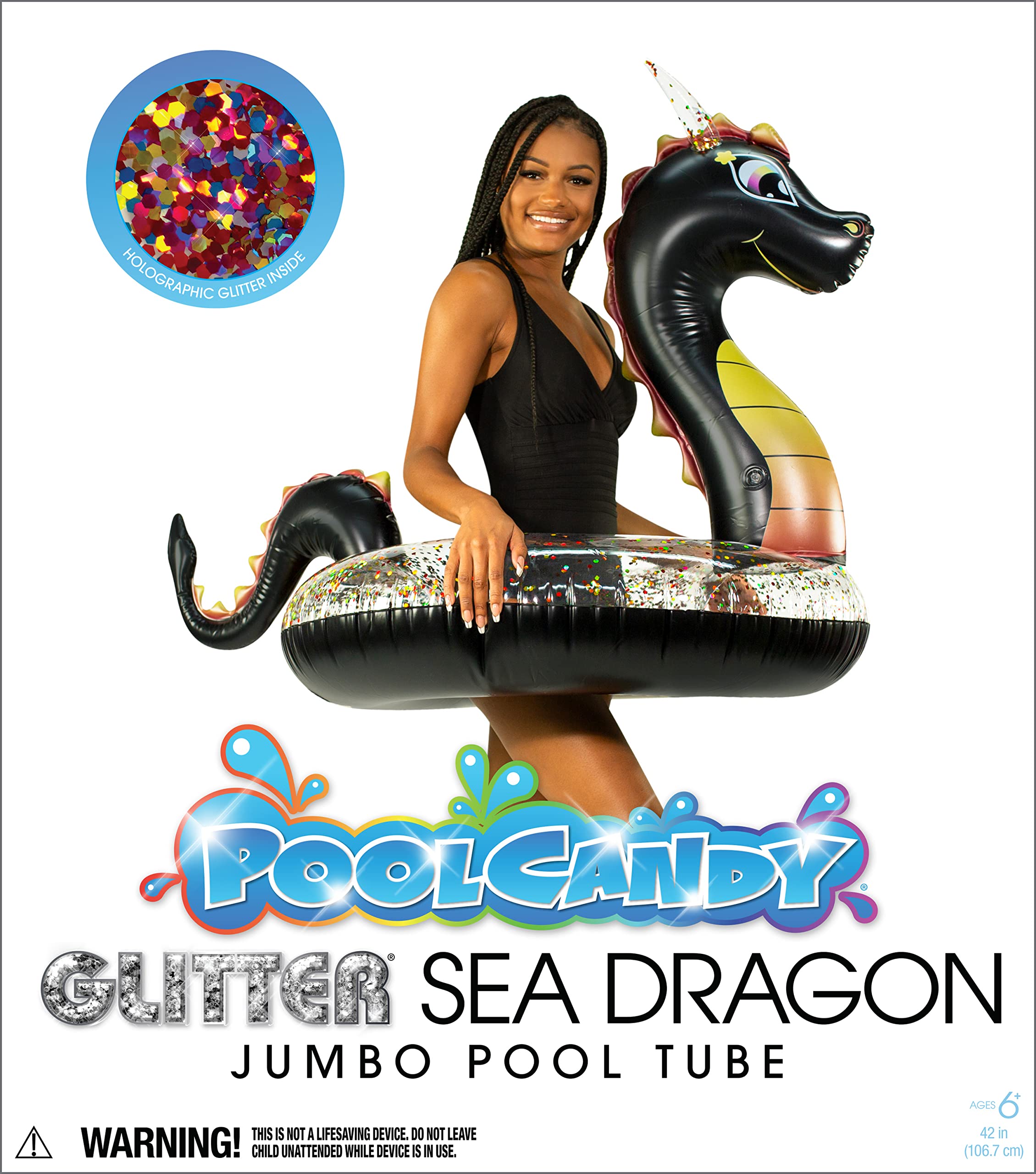 PoolCandy Black Dragon Large Pool Tube with Color Changing Holographic Glitter - Perfect for Pool, Beach or Lake Trips