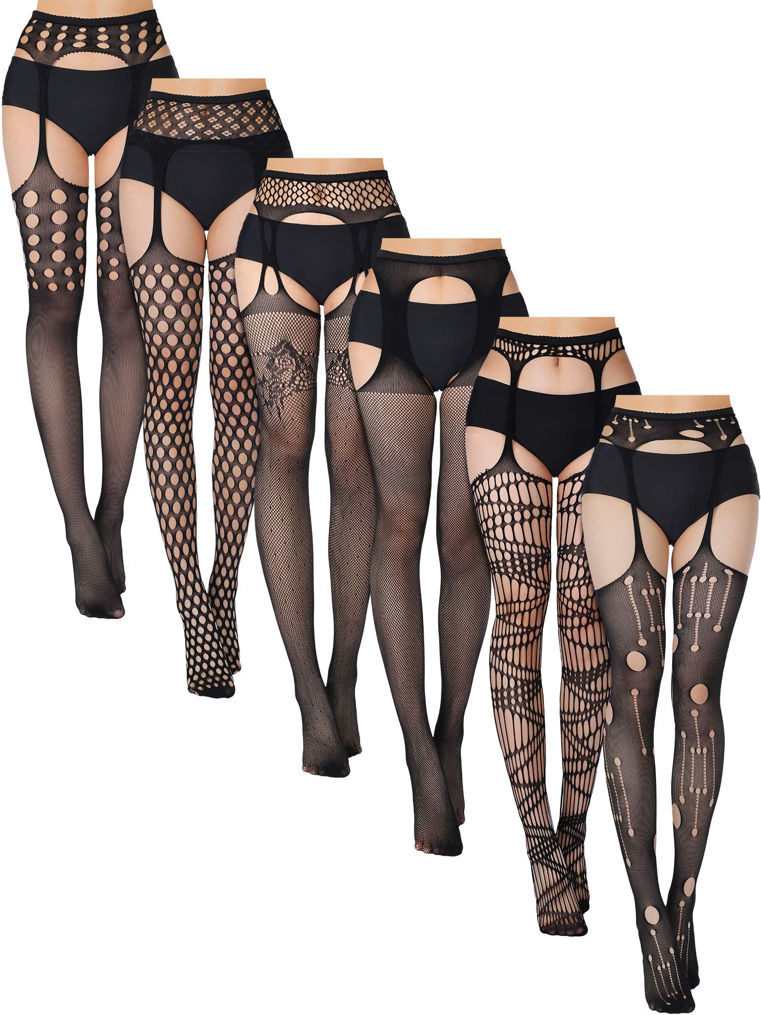 6 Pairs Women Fishnet Thigh High Stockings Garter Belts and Suspender Pantyhose Stockings for Halloween (Classic, Black,Medium): Skylety 6 Pairs Women Suspender Pantyhose Stockings Tights Stretchy High Stockings for Dress up Favors (Black,Large - X-Large)