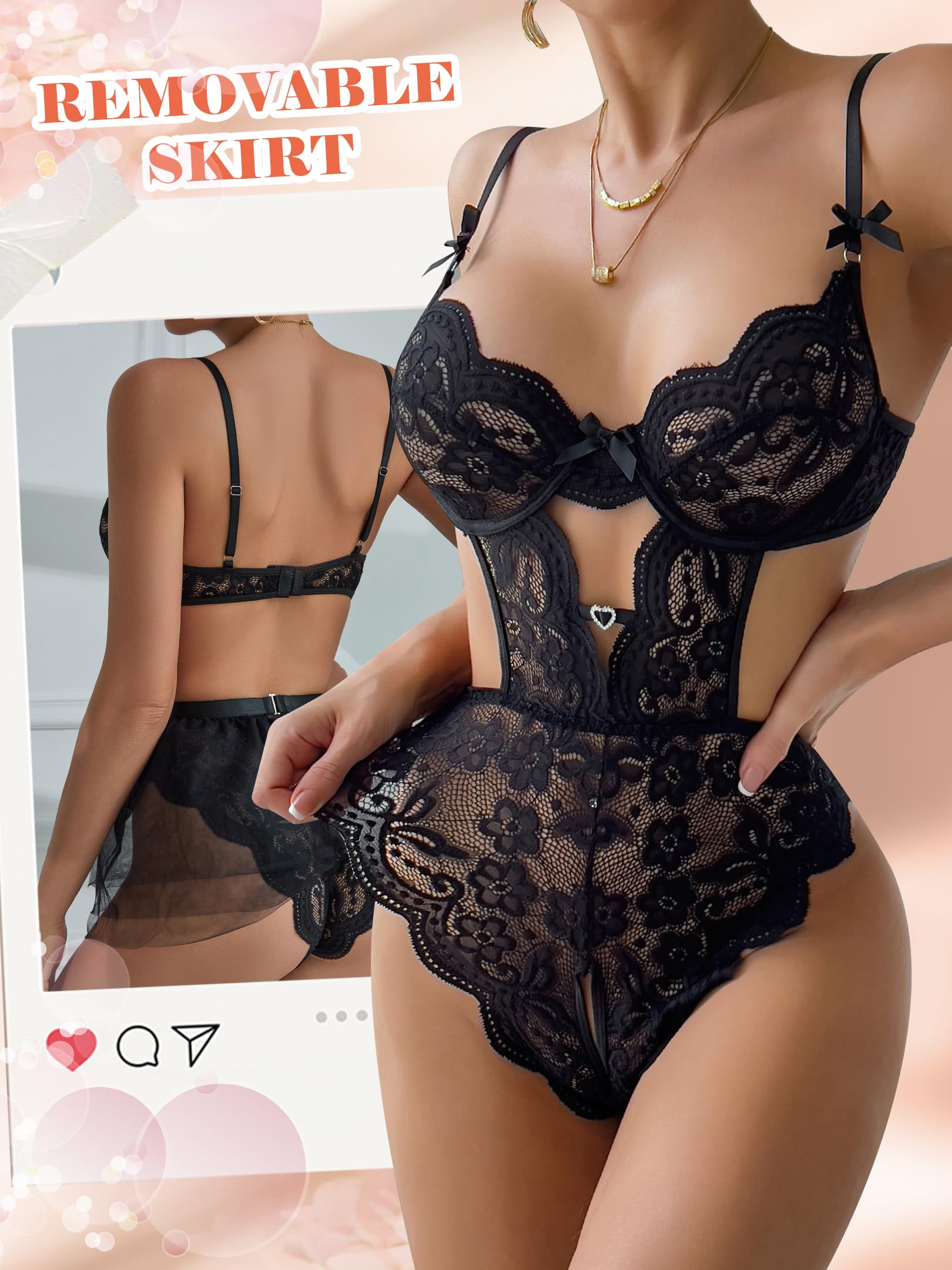 Dlsave Women Sexy Lingerie Set Lace Teddy Lingerie Detachable Mini Skirt Sets: Black Small