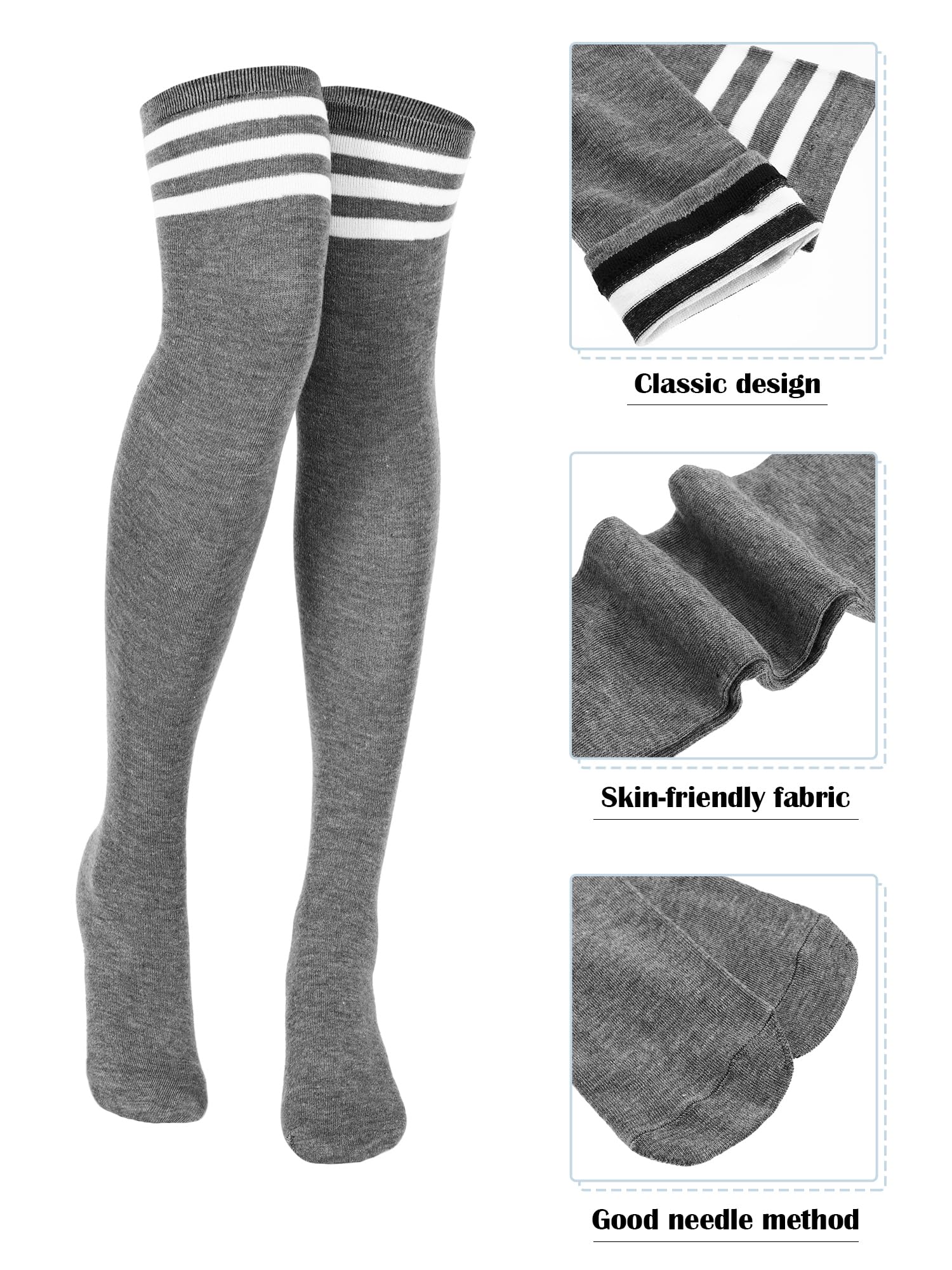 SATINIOR 3 Pairs Knee High Socks Thigh High Triple Stripe over the Knee Socks Long Opaque Thigh Stockings: Black, Dark Gray, Light Gray