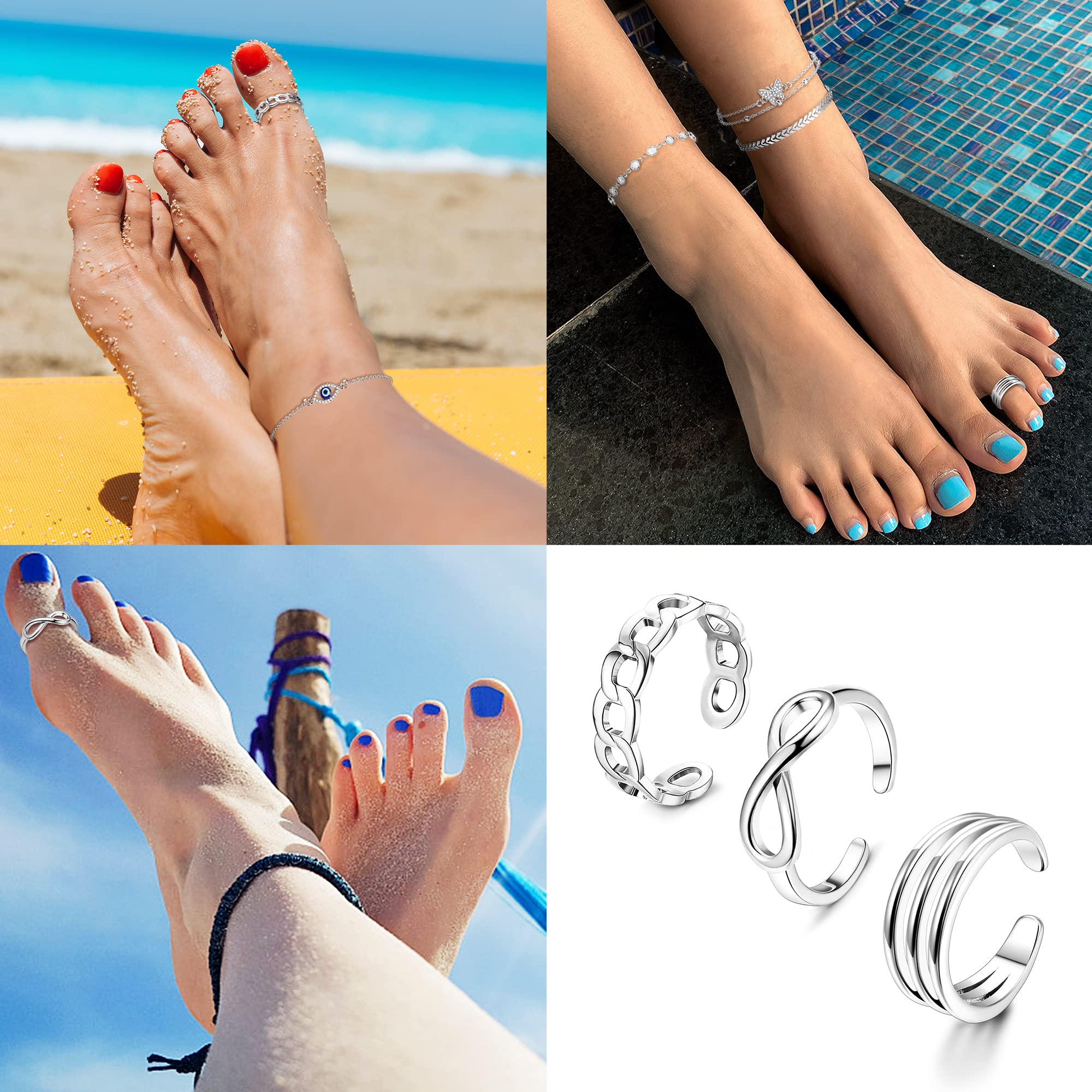 Sanfenly Anklets and Toe Ring Set for Women Silver Anklet Bracelets Open Adjustable Toe Ring Flower Wave Heart Tail Pinky Band Rings Summer Beach Foot Jewelry: Toe Rings+ Anklets