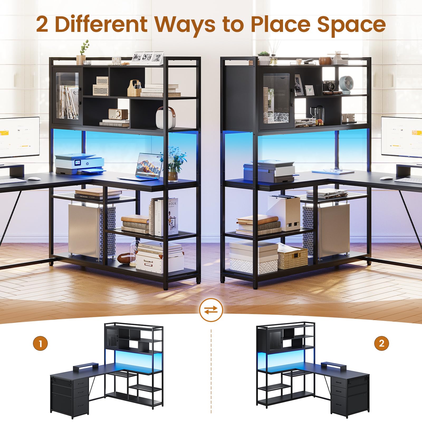 SEDETA L Shaped Computer Desk, 58'' Office Desk with 3 Drawers and Bookshelf, L Shaped Corner Desk with Storage Shelves and LED Light for Home Office, Gaming Desk, L Desk, Black