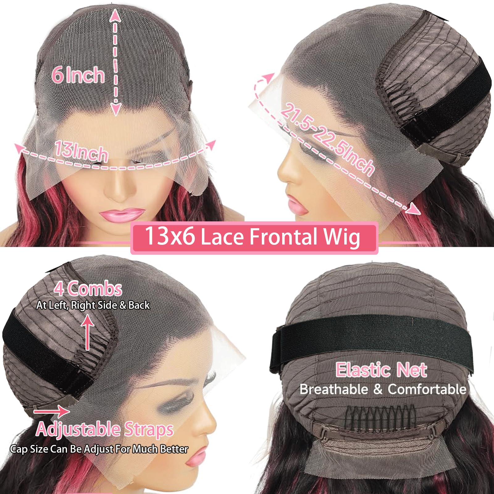 haha 13x6 Ombre Pink Lace Front Wig Human Hair Black and Hot Pink Highlight Wig Body Wave Hd Lace Frontal Wig Glueless Pre Plucked Bleached Knots Skunk Stripe 180% Density 20 Inch