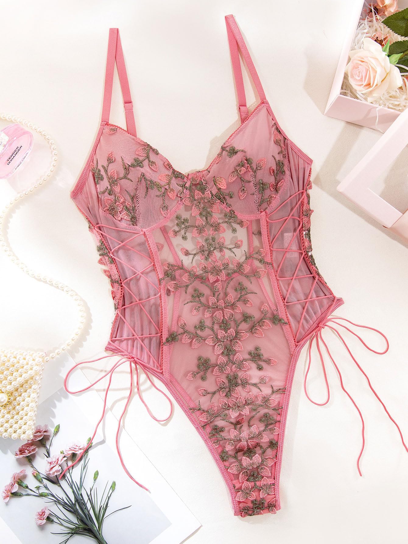 Lilosy Women Sexy Lace Up Floral Embroidered Teddy Lingerie Bodysuit Top Mesh Sheer One Piece
