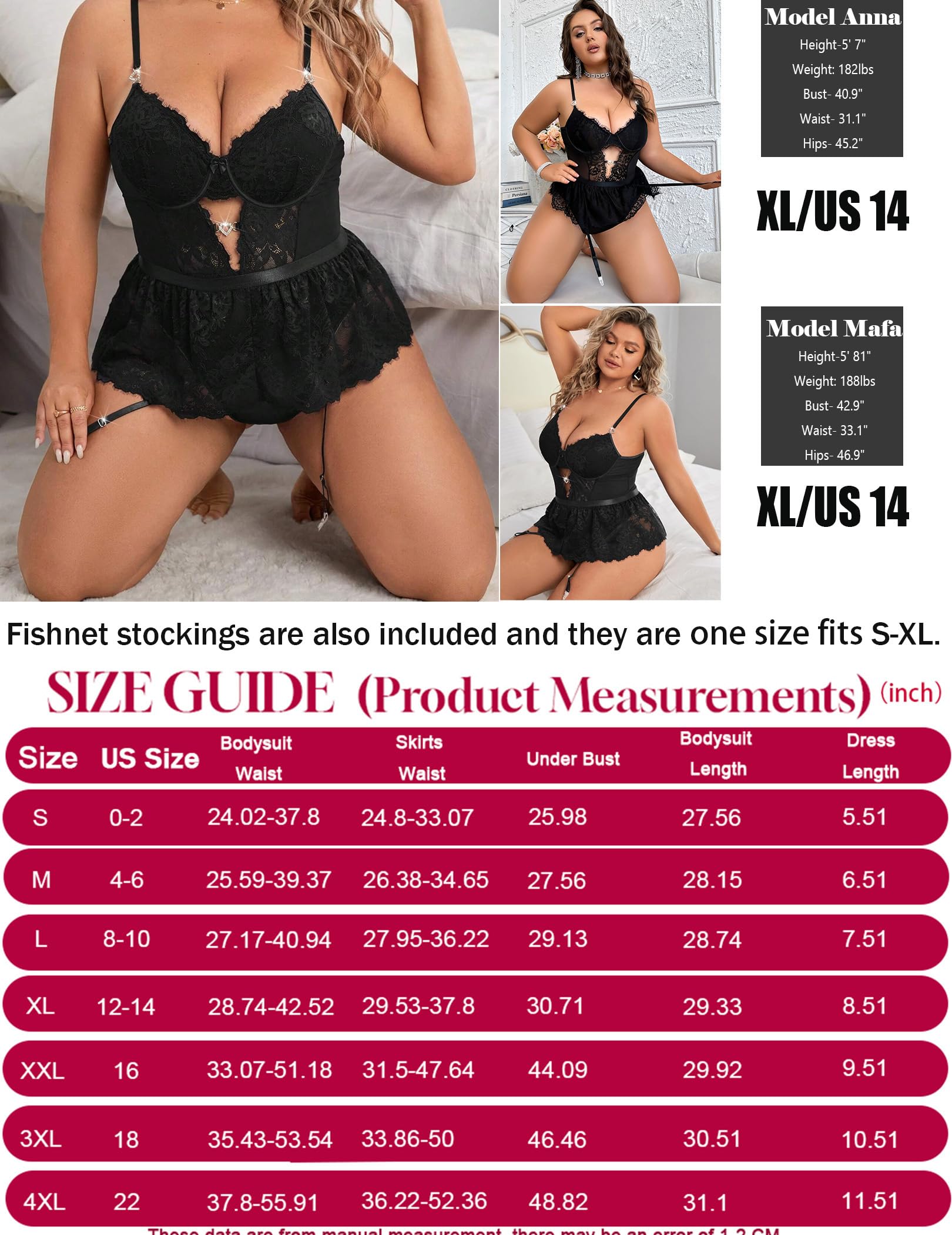 Alrovetoney Women Lingerie Set Naughty Lace Bodysuit High Waisted Underwire Lingerie Babydoll With Garter Belt and Stockings: Large Black