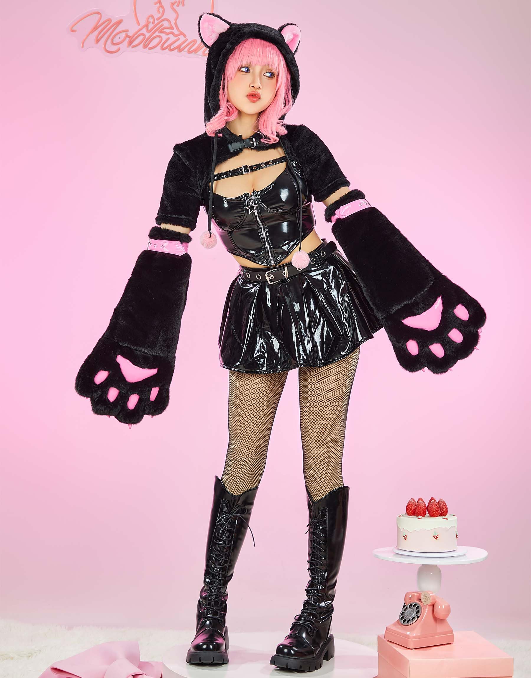Mobbunny Cat Cosplay Costume Furry Hoodie Top and Skirct Outfits with Detachable Paw: Small Black