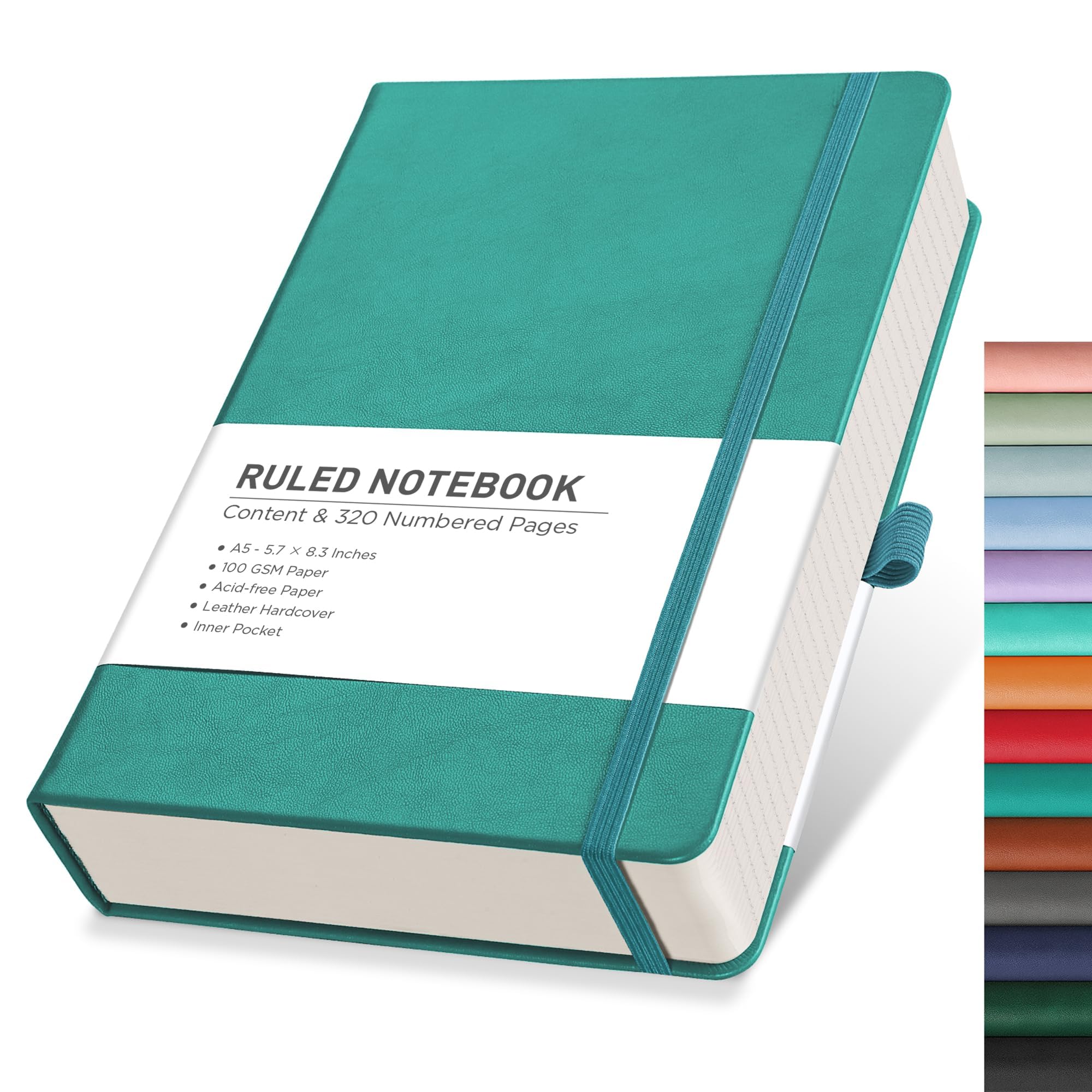 RETTACY Lined Journal Notebook, 320 Numbered Pages, B5 Medium Size (7.6'' x 10''), for Men & Women, Journaling, Writing, Work & Office, Leather Softcover, 100 GSM Thick Paper (Light Blue): Cyan A5