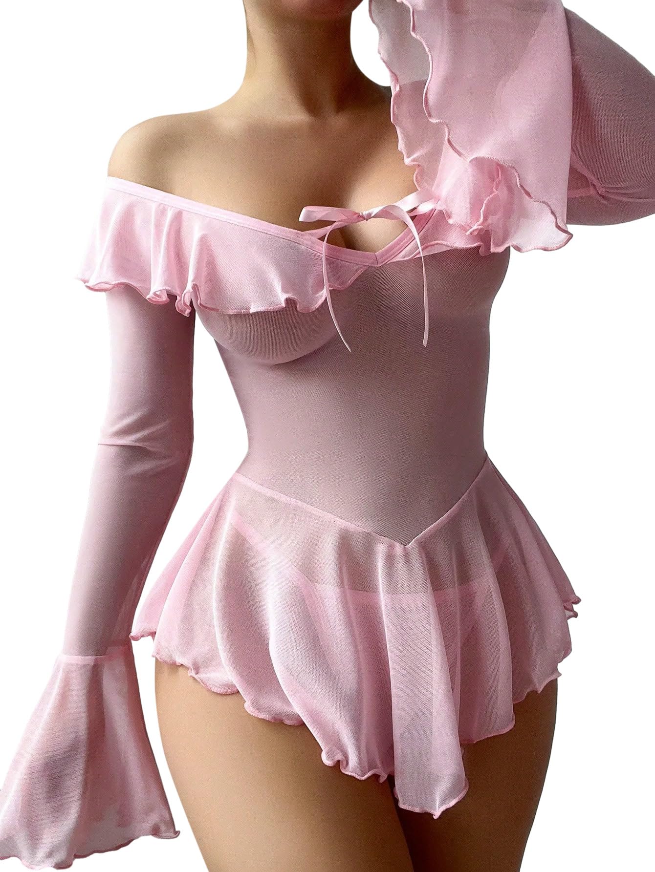 Foxiny Sexy Rave Ruffle Bell Sleeve Mesh Sheer Babydoll Lingerie Set Dress with Thong 2 Piece: Small Pink