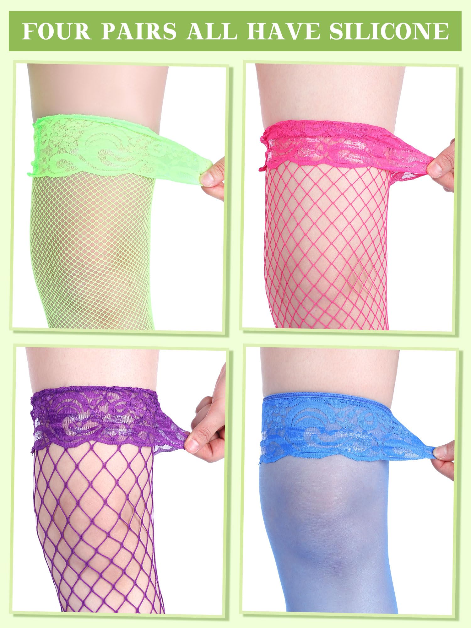 Bencailor 4 Pairs Fishnet Thigh High Stocking for Women Silicone Lace Top Sheer Over Knee Silky Stockings: Blue, Green, Pink, Purple Large