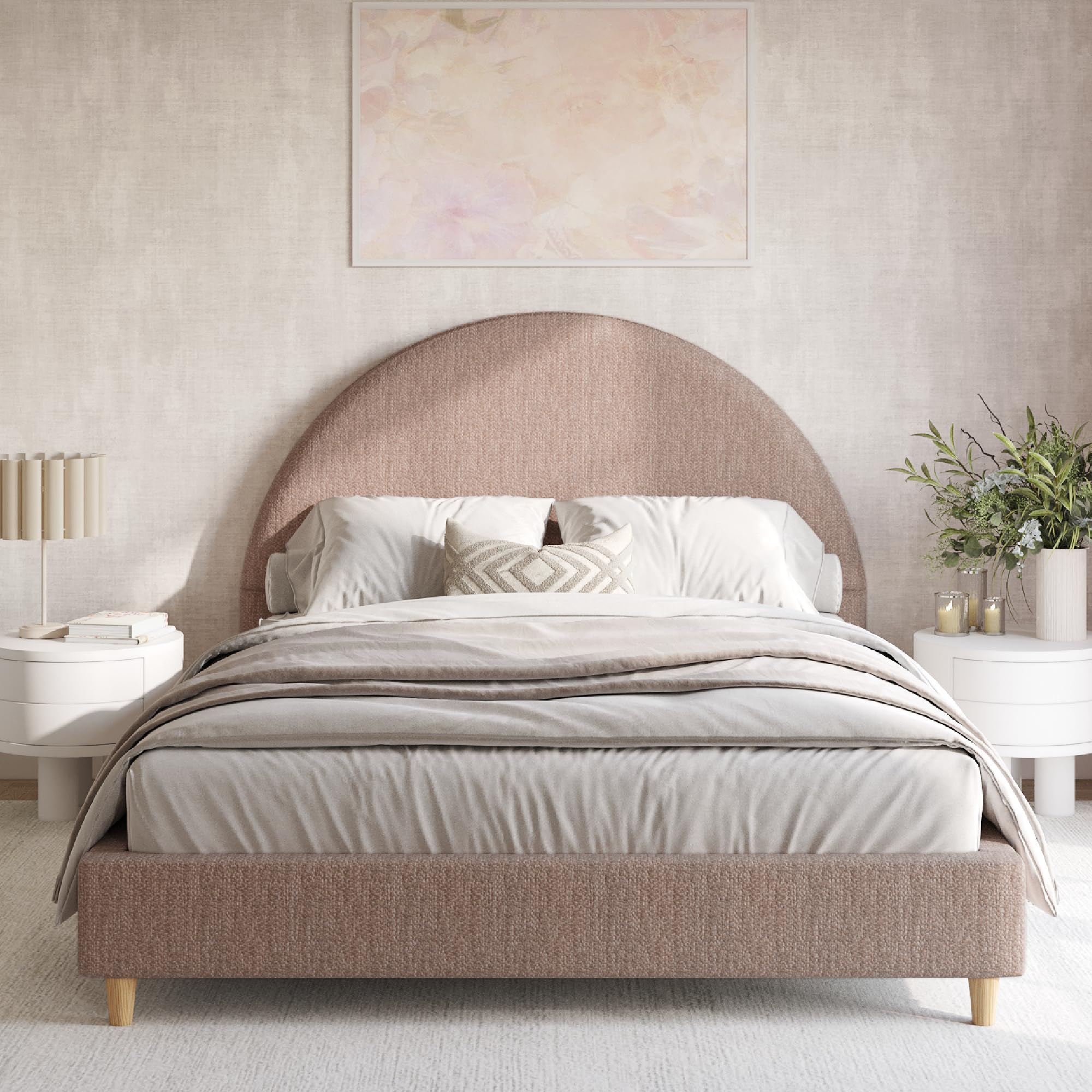 DG Casa Boucle Cloud Bed Frame with Arch Shaped Headboard, Upholstered in Soft Fabric, Platform Bed Frame with Solid Wood Legs - Boho or Modern Style - No Box Spring Needed - Queen Size