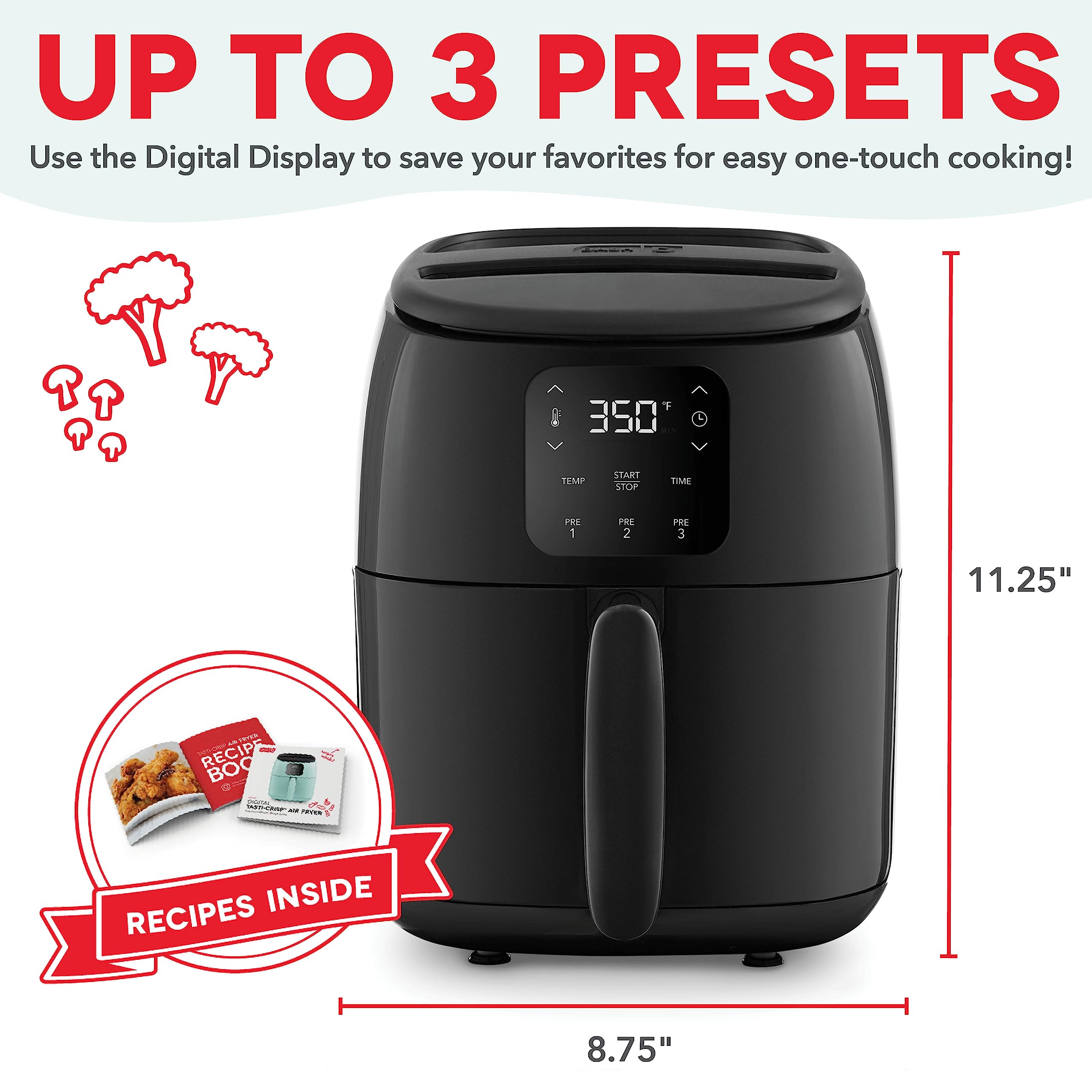 DASH Tasti-Crisp™ Electric Air Fryer Oven, 2.6 Qt., Aqua – Compact Air Fryer for Healthier Food in Minutes, Ideal for Small Spaces - Auto Shut Off, Digital, 1000-Watt: Black Nonstick
