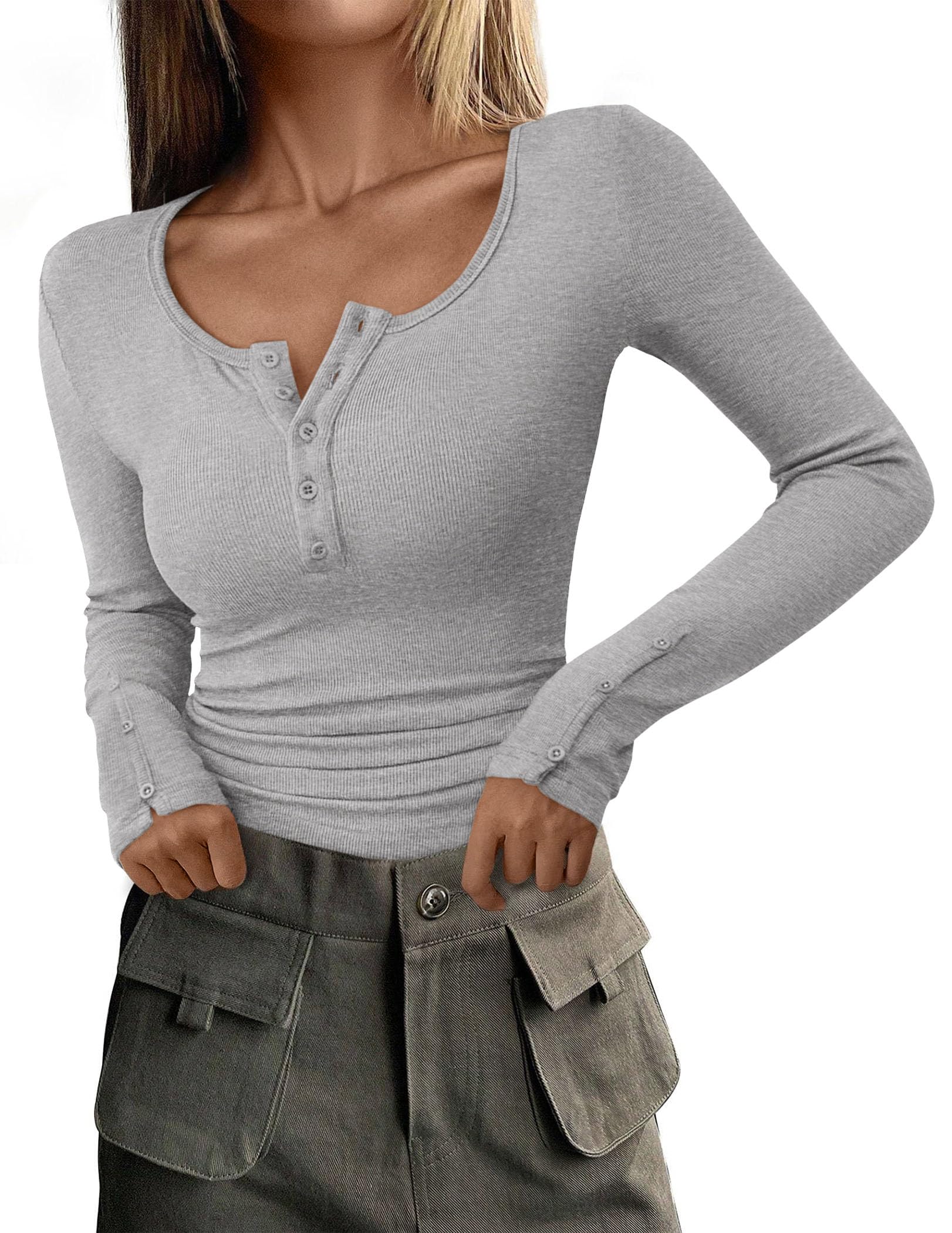 PRETTYGARDEN Women's 2025 Summer Long Sleeve Henley T Shirts Ribbed Knit Button Slim Fitted Basic Casual Going Out Fall Tops