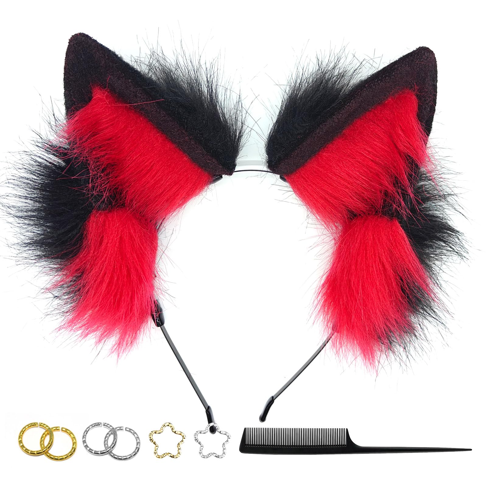 GaliaFaya Cat Wolf Fox Dog Ears Headband Handmade Faux fur Cosplay Halloween Costume Party: Black+red