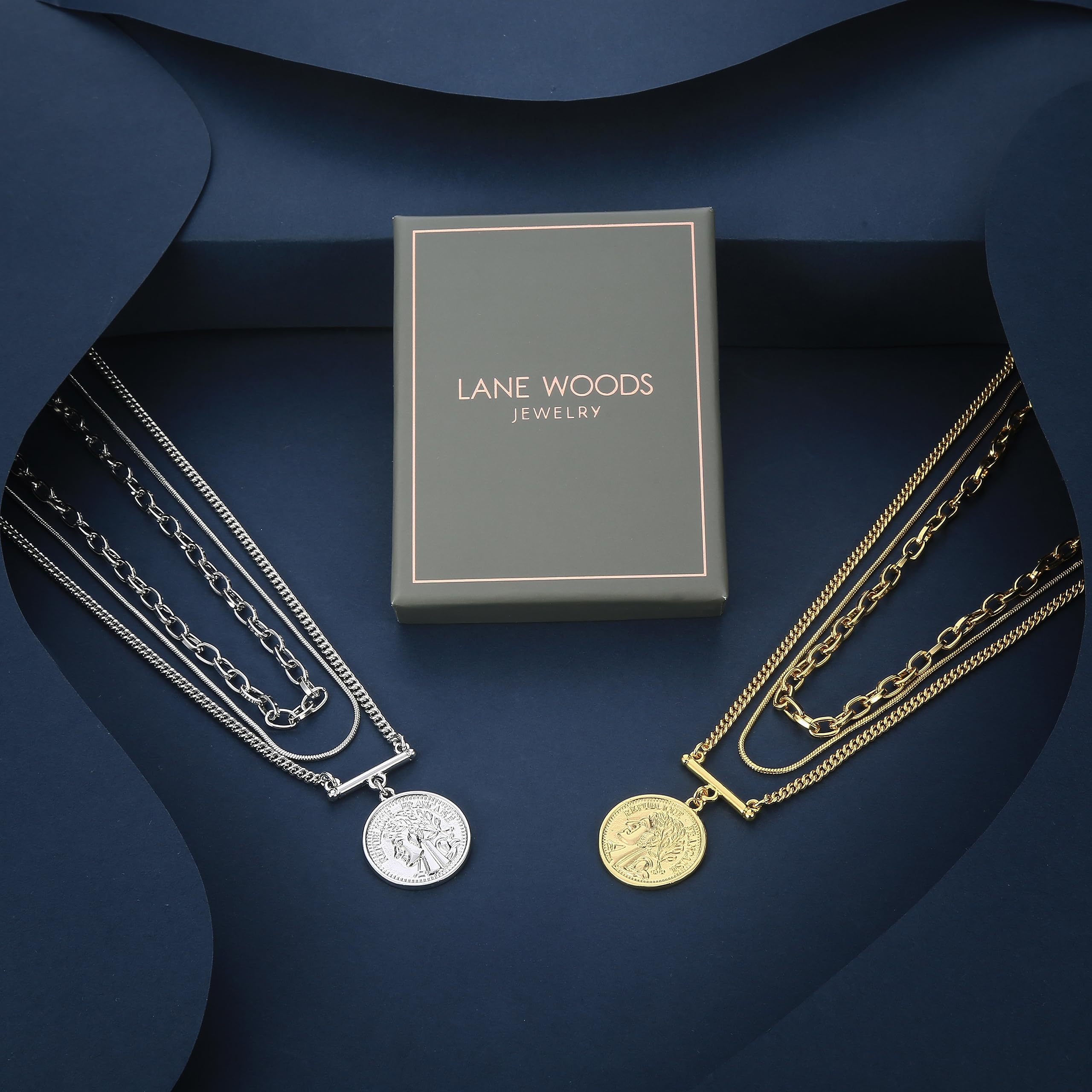 LANE WOODS Gold Layered Necklaces for Women Girls Dainty Layering Coin Lock Eye Snake Pendant Jewelry Gifts