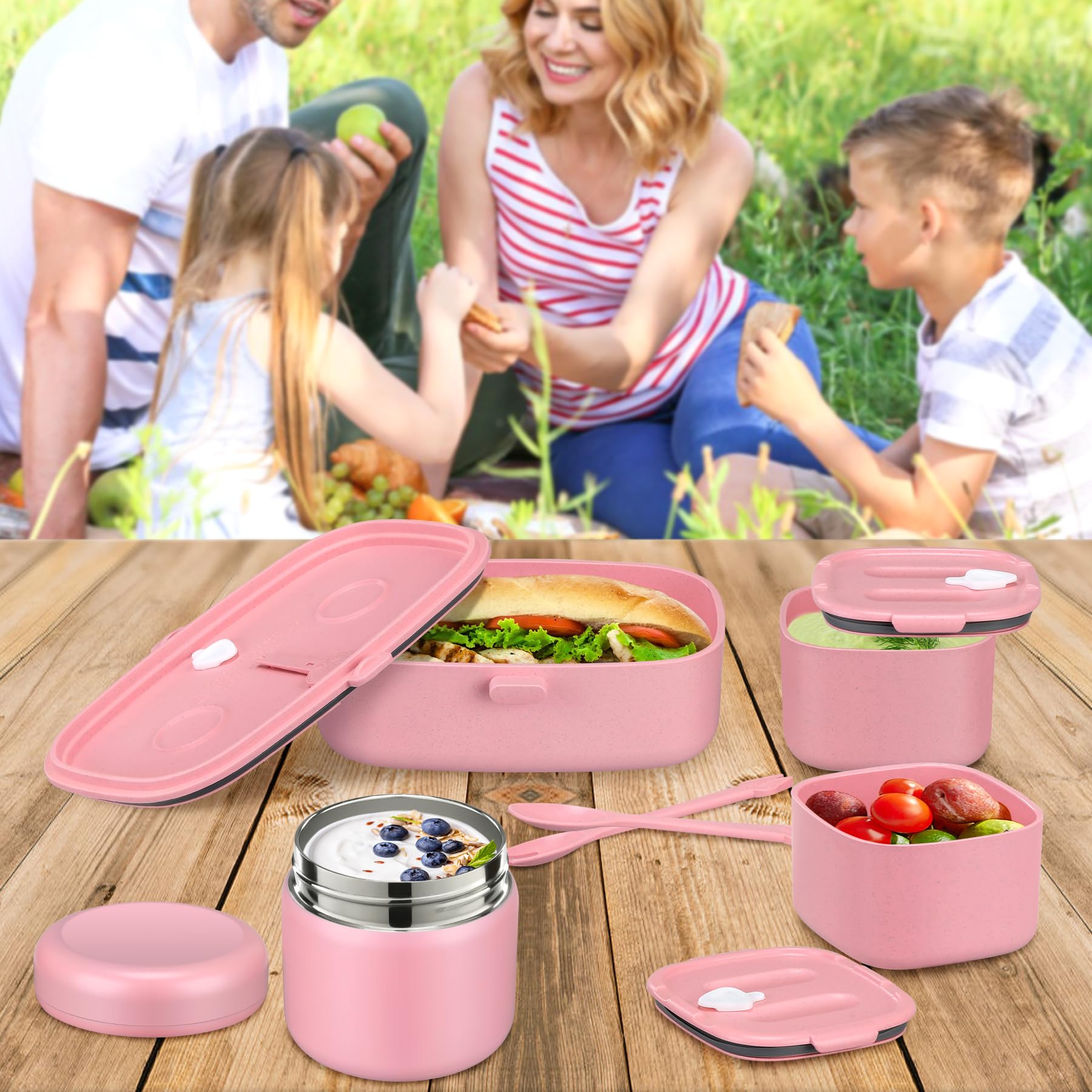 Pawtong Bento Lunch Box with 8oz Soup Thermo, Kids Sustainable Bento Box Leakproof Lunch Food Containers with Lunch Bag, Kids Thermo Insulated Hot Food Jar for School, Trvael (): Pink