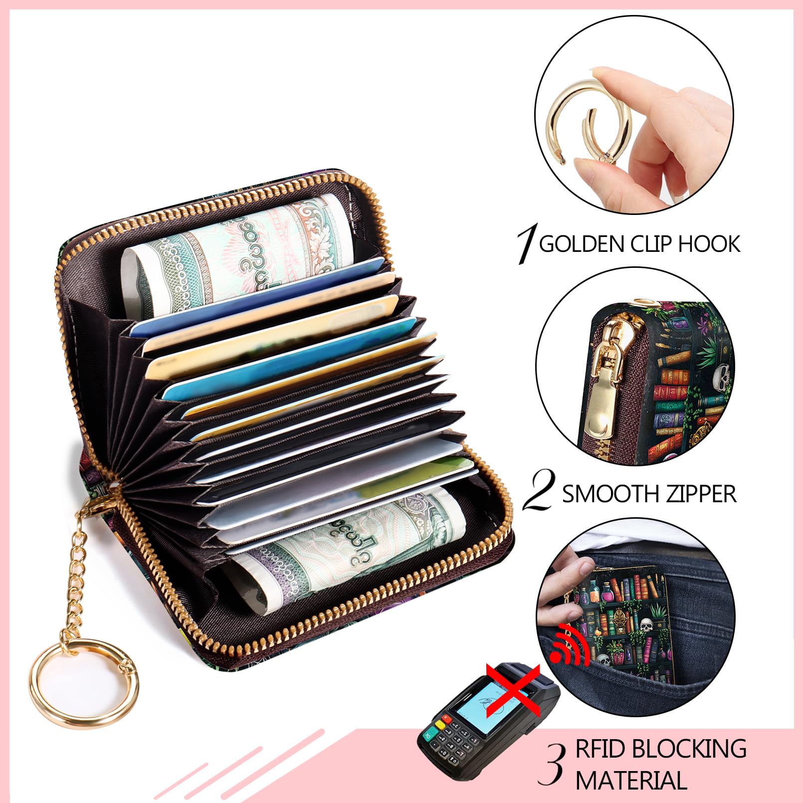 Blusabaca  Credit Card Holder for Women, Gothic Floral Small RFID Wallet with Zipper, Card Keychain Wallet, Leather Wallet Card Case, Business Accordion Wallet Gift: Bookshelf and Skull