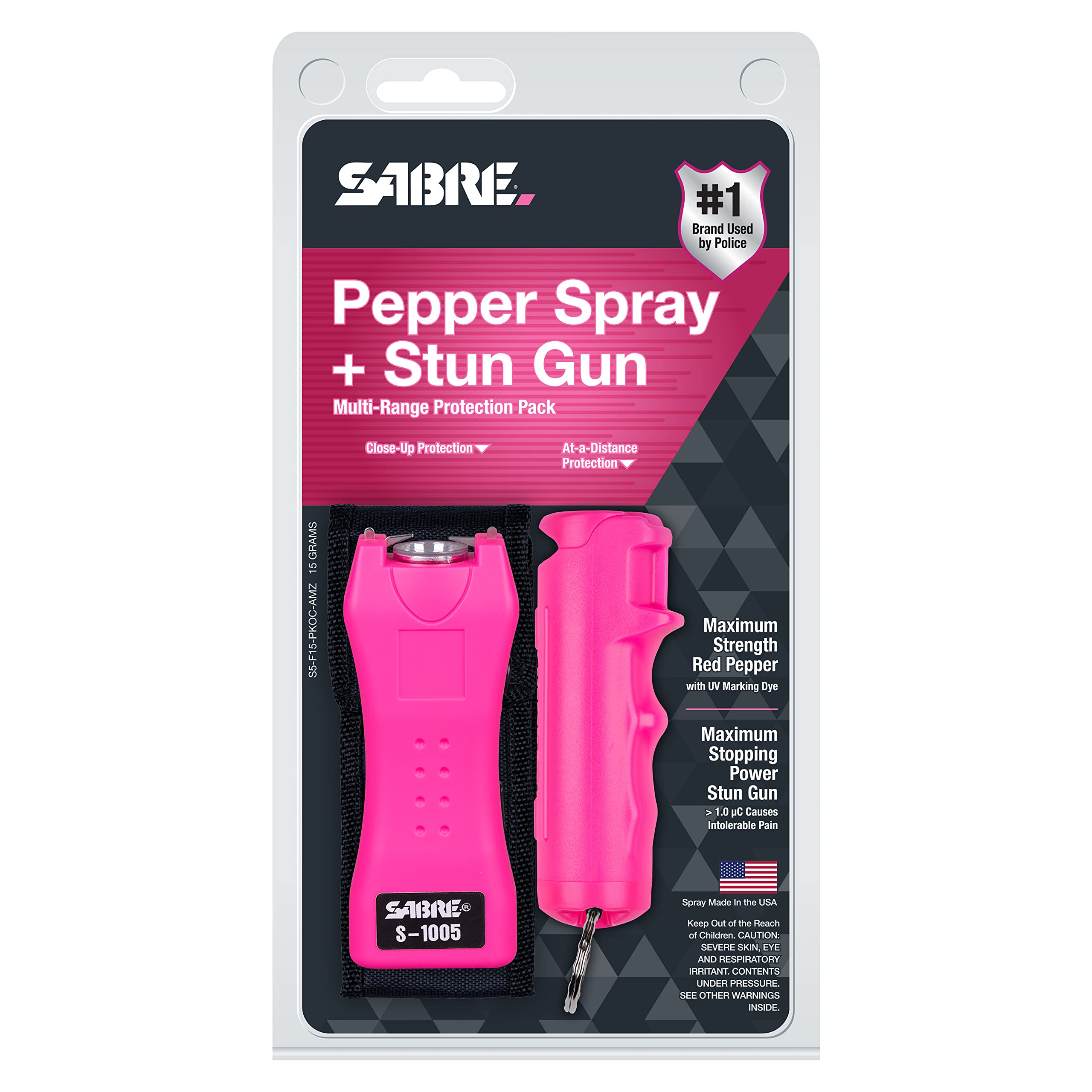 SABRE Pepper Spray & 2-in-1 Stun Gun with Flashlight, Self Defense Kit, Fast Flip Top Safety, Finger Grip for Better & Faster Aim, Painful 1.60 µC Charge, 120 Lumen LED Light, Rechargeable, 0.54 fl oz: Pink