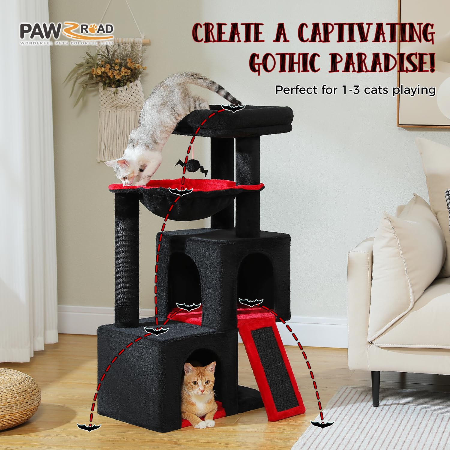 PAWZ Road Large Cat Tree, 41 Inches Gothic Cat Tower with 2 Spacious Condos for Indoor Cats, Large Black Cat House with Comfy Hammock, Padded Perch, Scratching Pad and Replaceable Balls-Black: 41 Inches Black