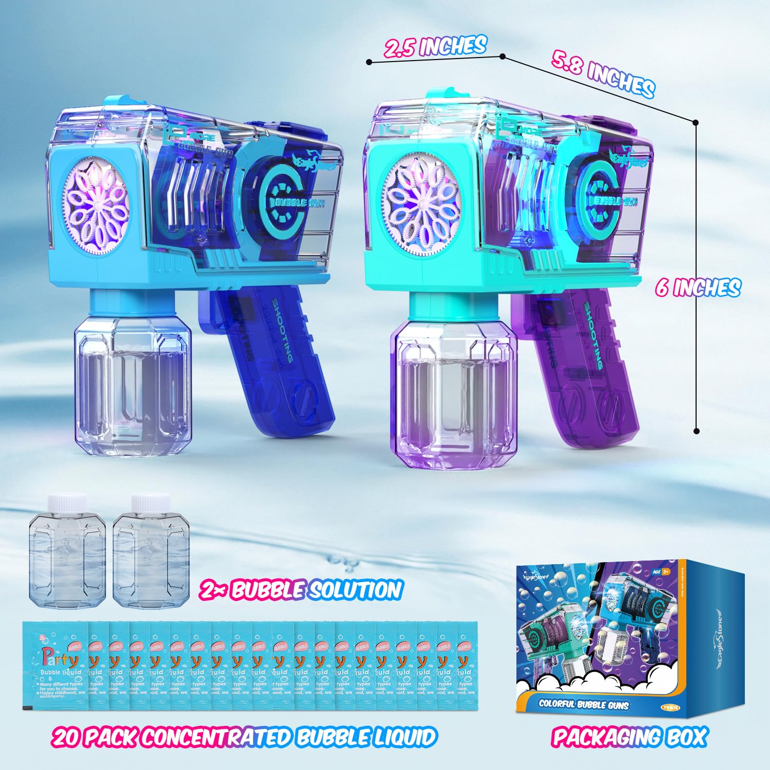 Eaglestone Bubble Gun for Kids 2 Packs, Automatic Bubble Machine, 10-Hole Bubbles Wands Blaster for Toddlers with LED Lights & Solution, Easter, Party Favor, Outdoor Game Toys for Boys & Girls Ages 3+