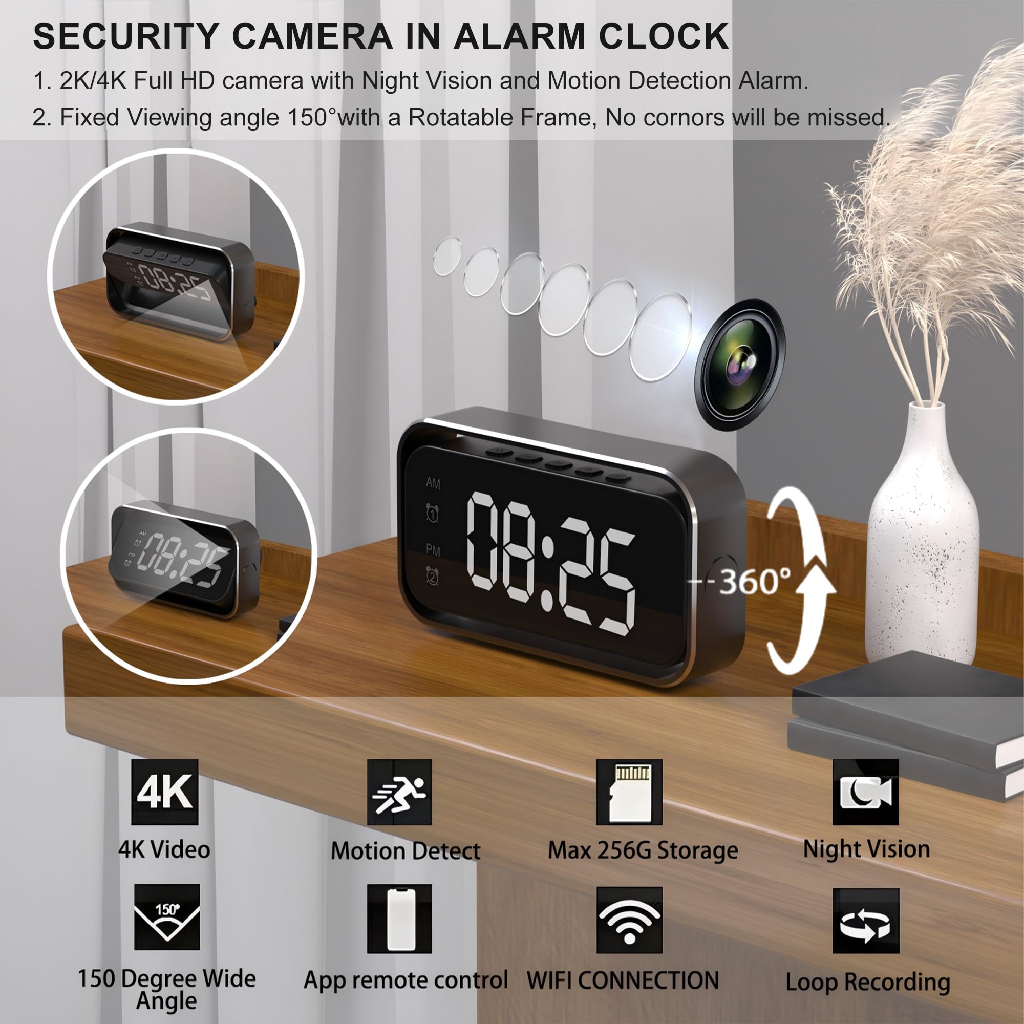 Wireless Security Camera for Home Security, 4K Nanny Cam with Two Sets of Alarm Clock Setting for Indoor Safety, HD Night Vision & Motion Detection Alerts, Security Recording with Mobile Phone App