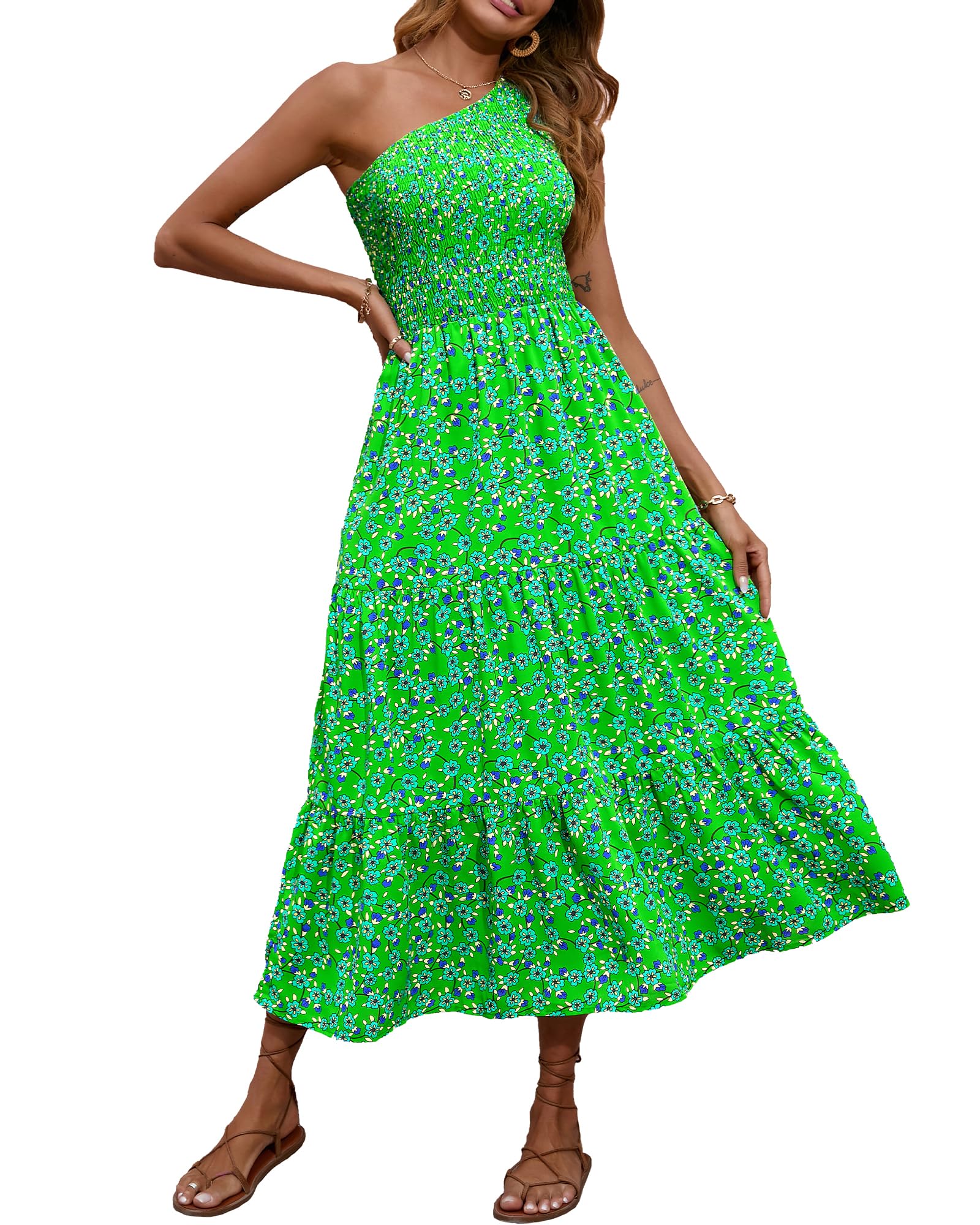 BTFBM 2025 Summer One Shoulder Dresses for Women Casual Sleeveless High Waist Floral Flowy Smocked Boho Beach Maxi Dress