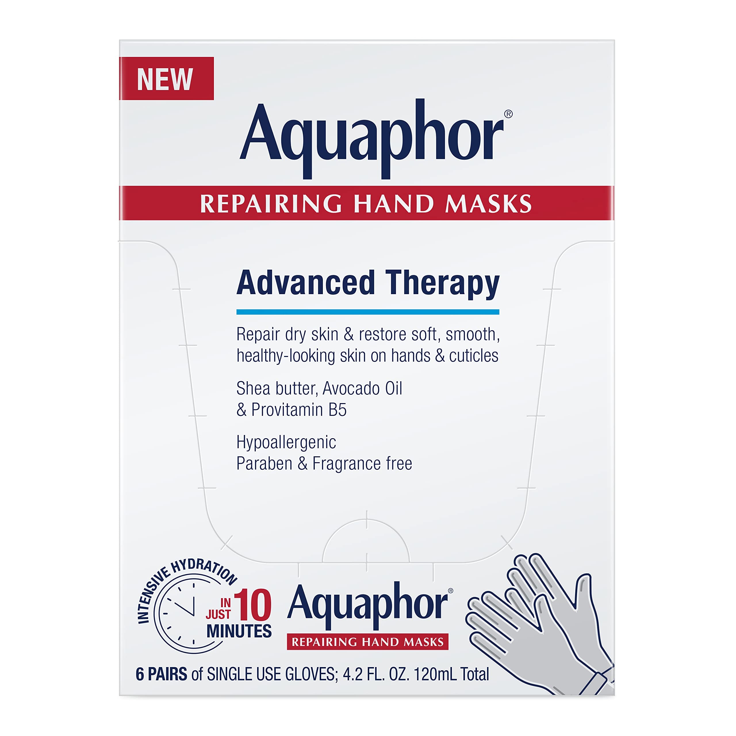 Aquaphor Repairing Hand Masks, Moisturizing Gloves for Dry Hands, Moisturizer for Dry Skin with Avocado Oil and Shea Butter, Pack of 6 - Image 1