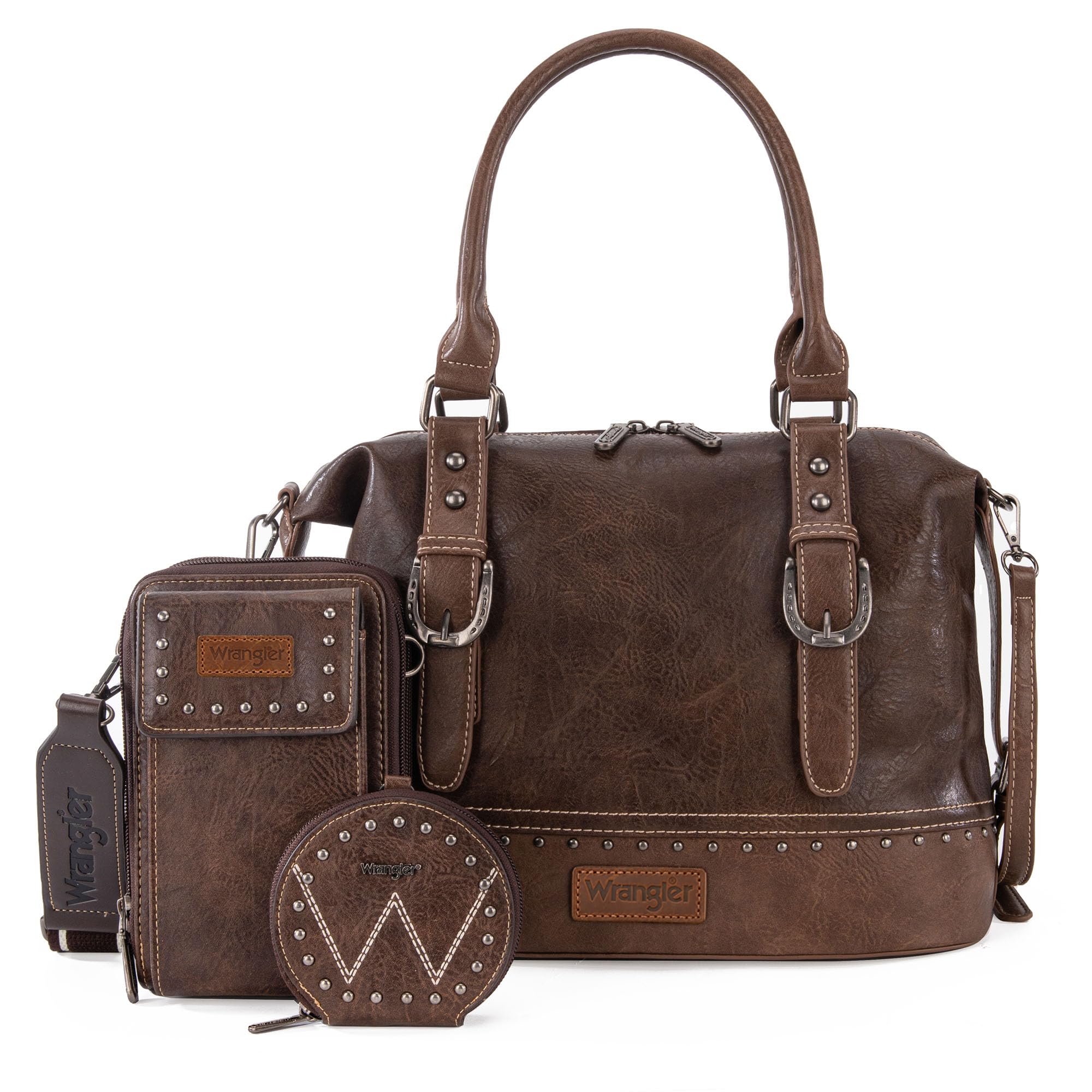 Wrangler 3Pcs Doctor Bag Sets for Women Top-handle Satchel Bag with Cell Phone Handbag and Coin Purse: Eye-catching Coffee