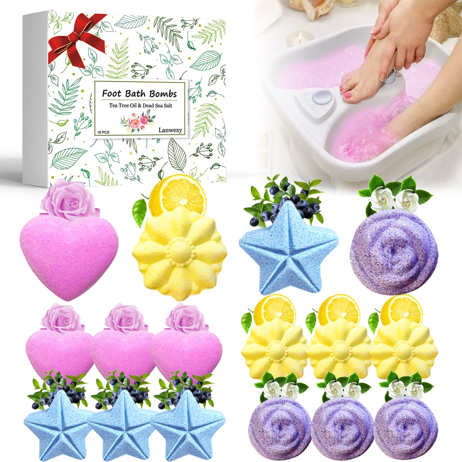 Lanwexy Bath Foot Bombs, 16 Pack Foot Soak with Bath Salt and Tea Tree Oil. Organic Natural Handmade Aroma Pure Essential Oil Bubble Foot Balls for Feet Callus, Dry Cracked, Stubborn Feet Odor Scent.: Pack of 16