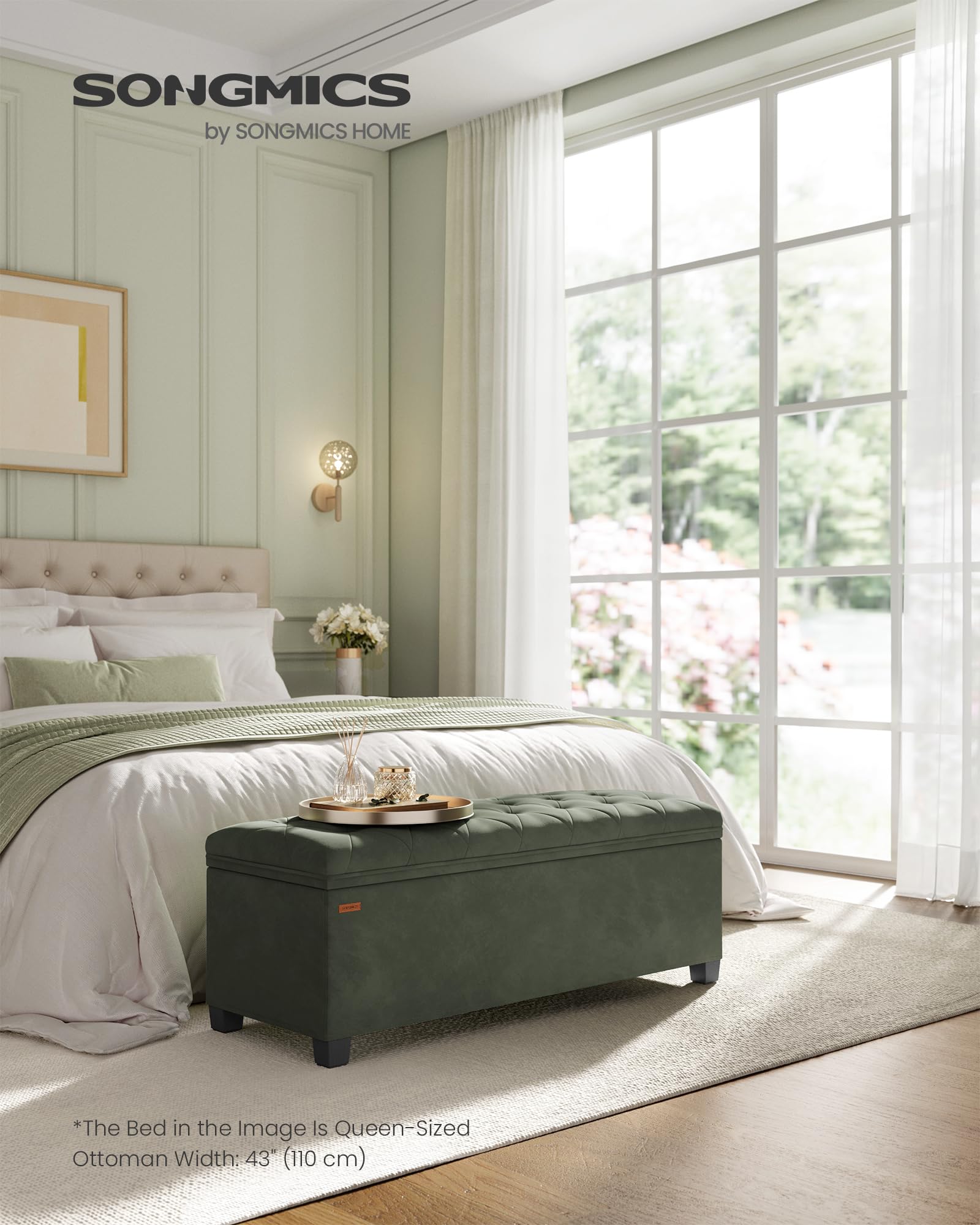 SONGMICS Velvet Storage Ottoman Bench, Foot Rest with Legs, 15.7 x 43 x 15.7 Inches, End of Bed Bench, Storage Chest, Load up to 660 lb, for Living Room, Bedroom, Entryway,  ULSF089C01: Forest Green