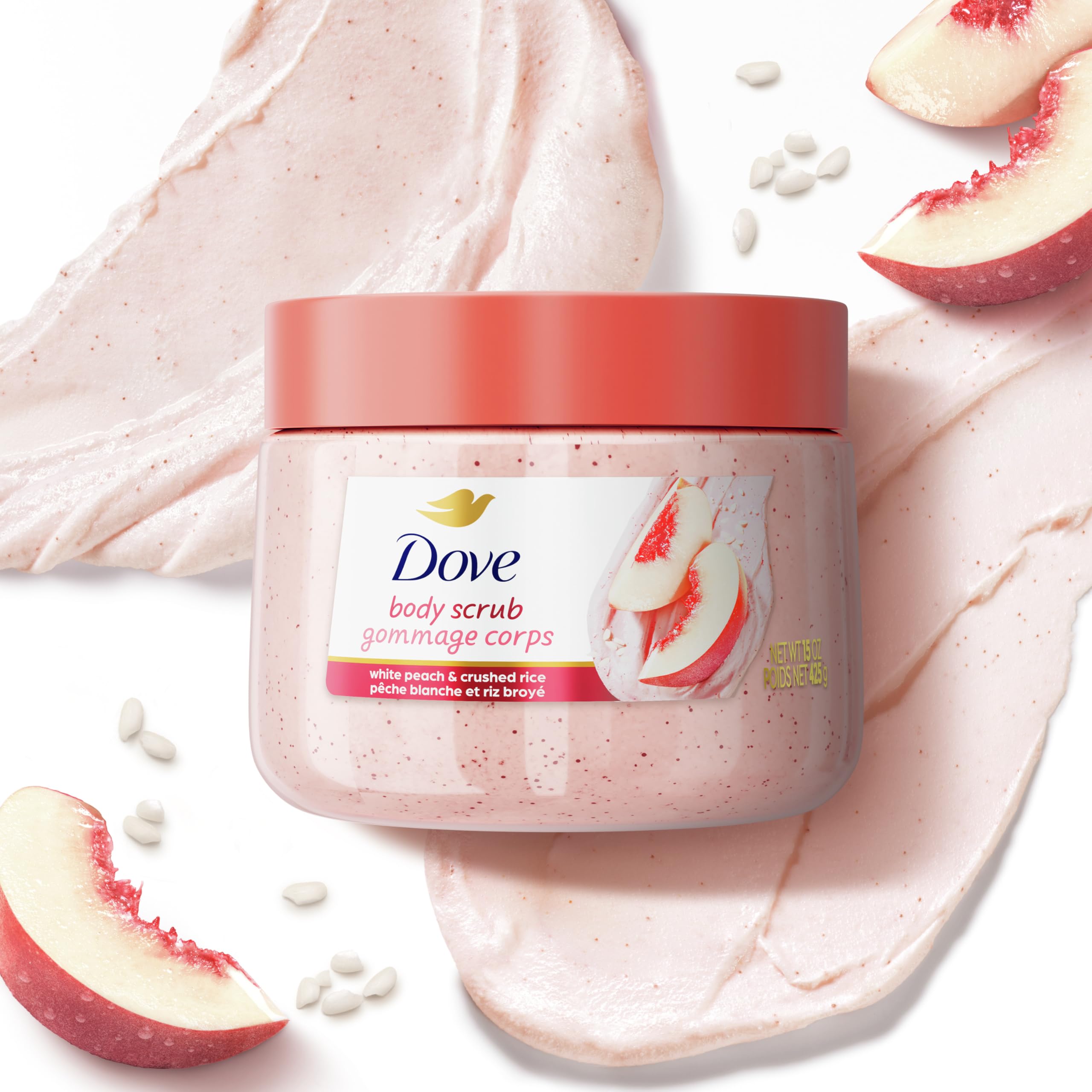 Dove White Peach & Crushed Rice Body Scrub Exfoliates and Deeply Nourishes for Smooth, Radiant Skin 15 oz: White Peaches &amp; Crushed Rice 15 Ounce (Pack of 1)