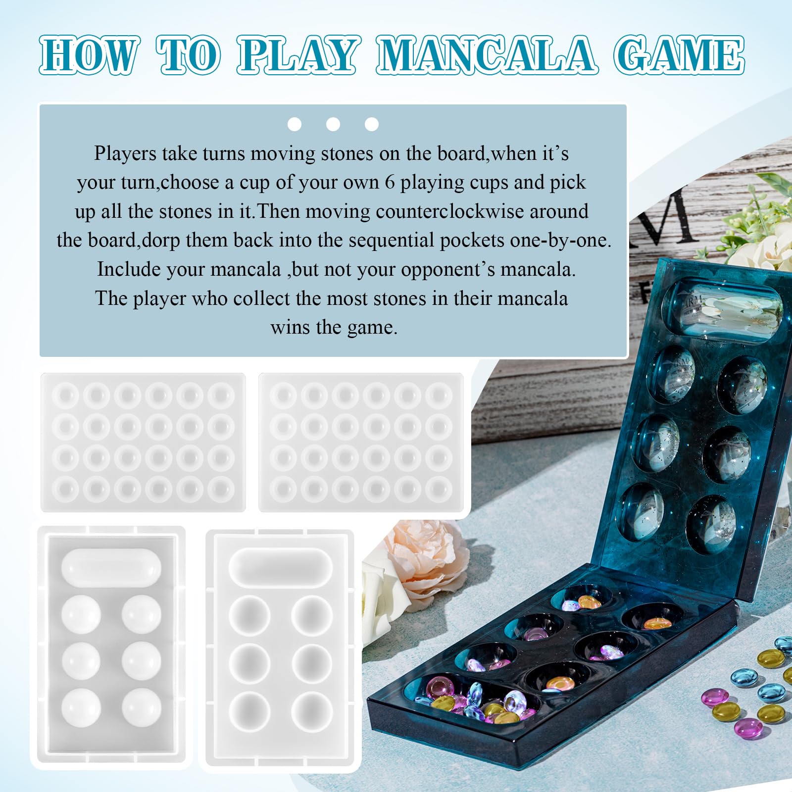 Zhehao Mancala Board Game Molds Set Epoxy Silicone Resin Molds Kit with 2 Pcs Mancala Stones Molds 4 Pcs Metal Mancala Accessories Mancala Board Resin Game Molds for Gifts DIY Family Party Board Games