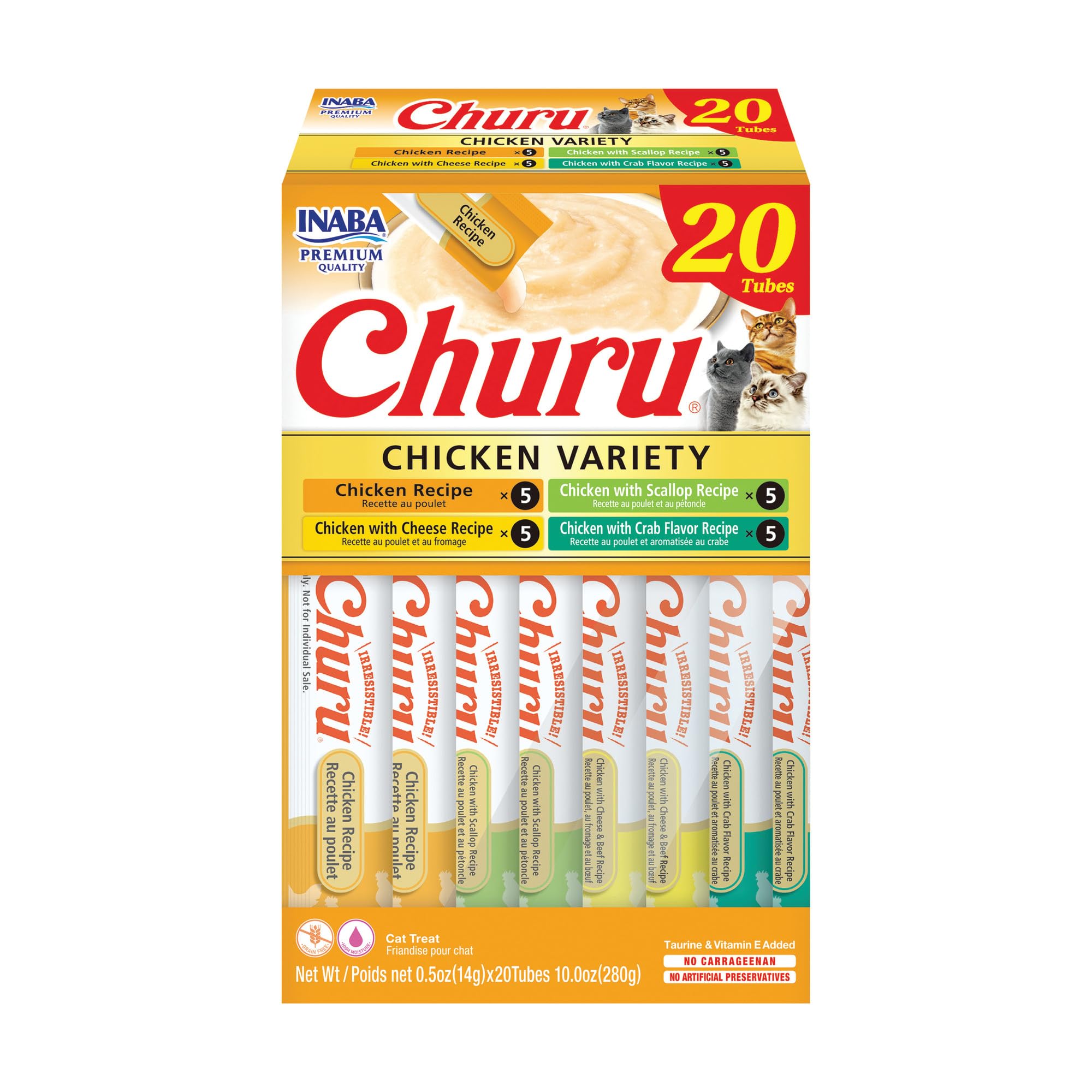 INABA Churu Cat Treats, Grain-Free, Lickable, Squeezable Creamy Purée Cat Treat/Topper with Vitamin E & Taurine, 0.5 Ounces Each Tube, 50 Tubes, Tuna & Chicken Variety: Chicken Variety 0.5 Ounce (Pack of 20)