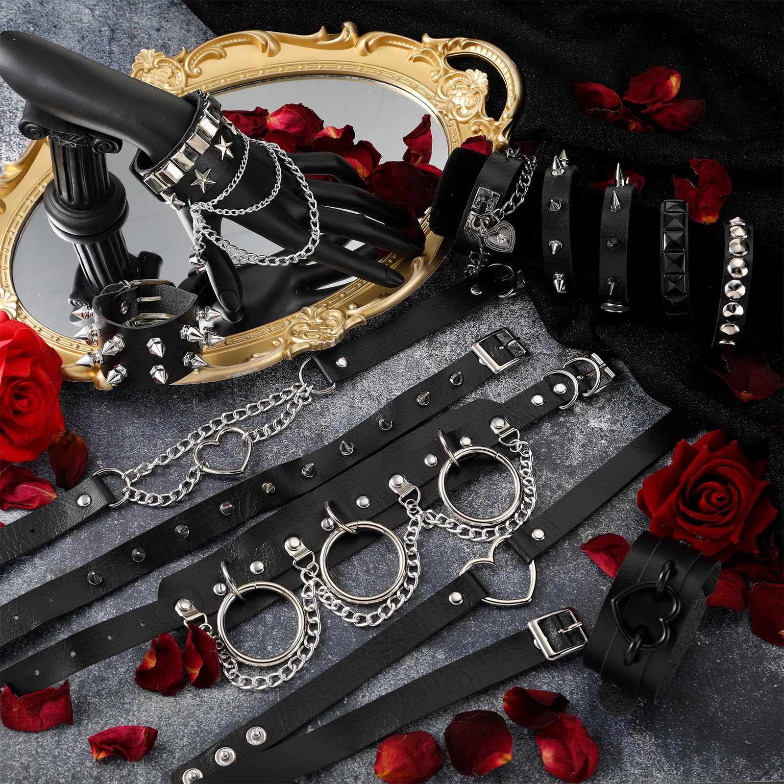 Cunno 13 Pcs Cool Steampunk Leather Choker Rock Gothic Necklace Bracelets Set Punk Spike Rivet Cuff for Cosplay Party Gift: Trendy Style