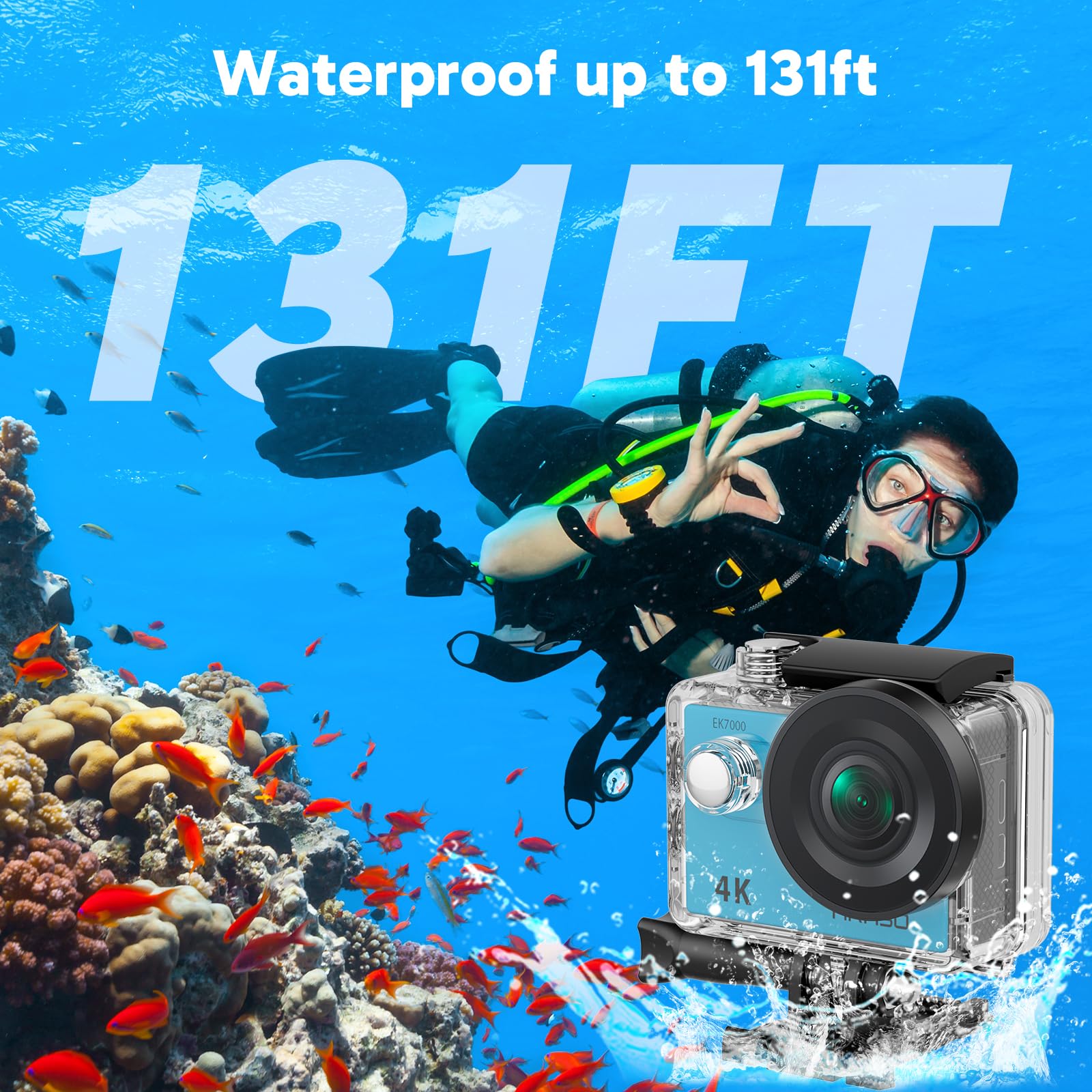 AKASO EK7000 4K30FPS 20MP WiFi Action Camera with EIS Ultra HD 131FT Waterproof Underwater Camera Remote Control 4X Zoom Support External Microphone: Blue